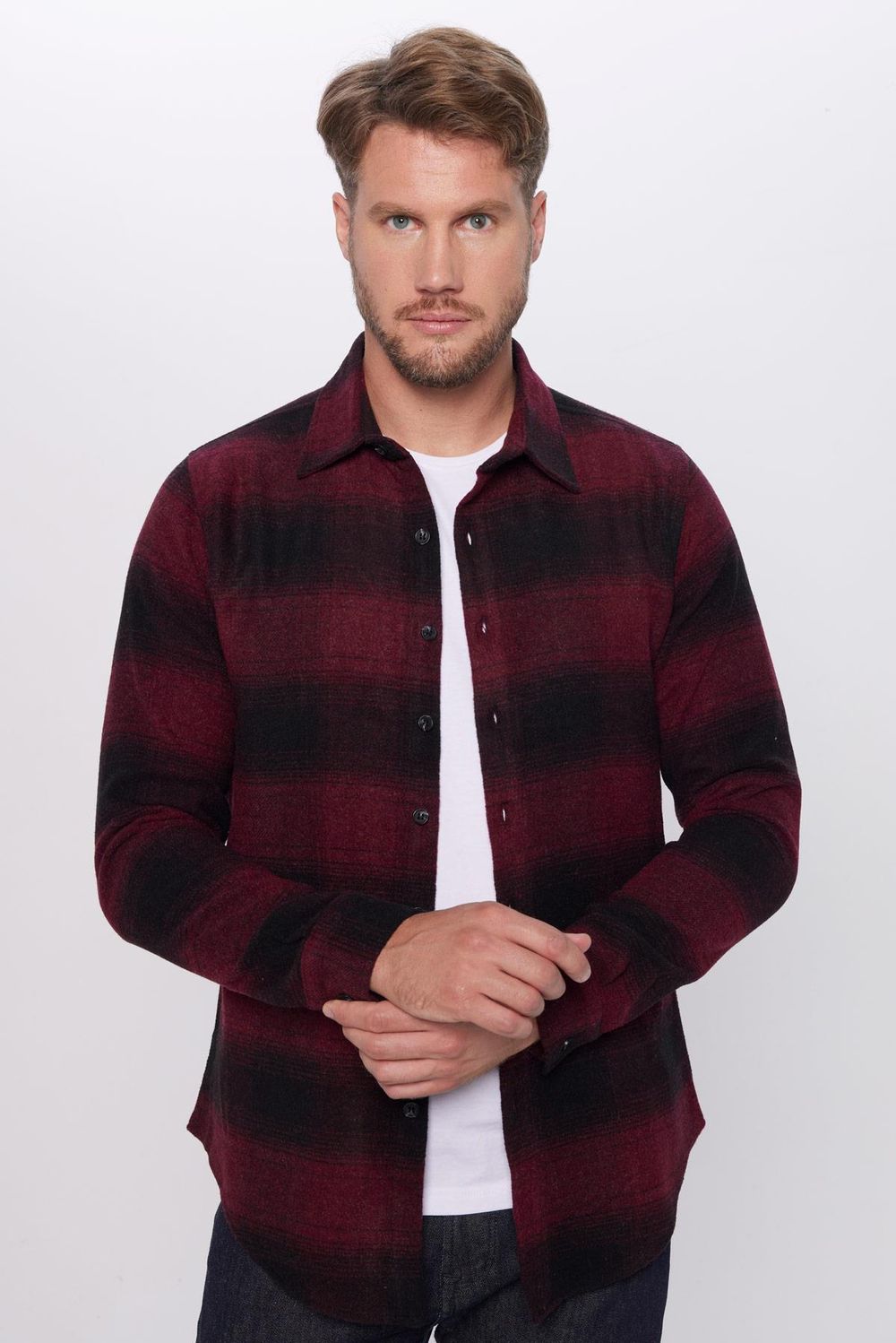 Erkek Slim Fit Dar Kesim Oduncu Düğmeli Yaka Kareli Kışlık Gömlek