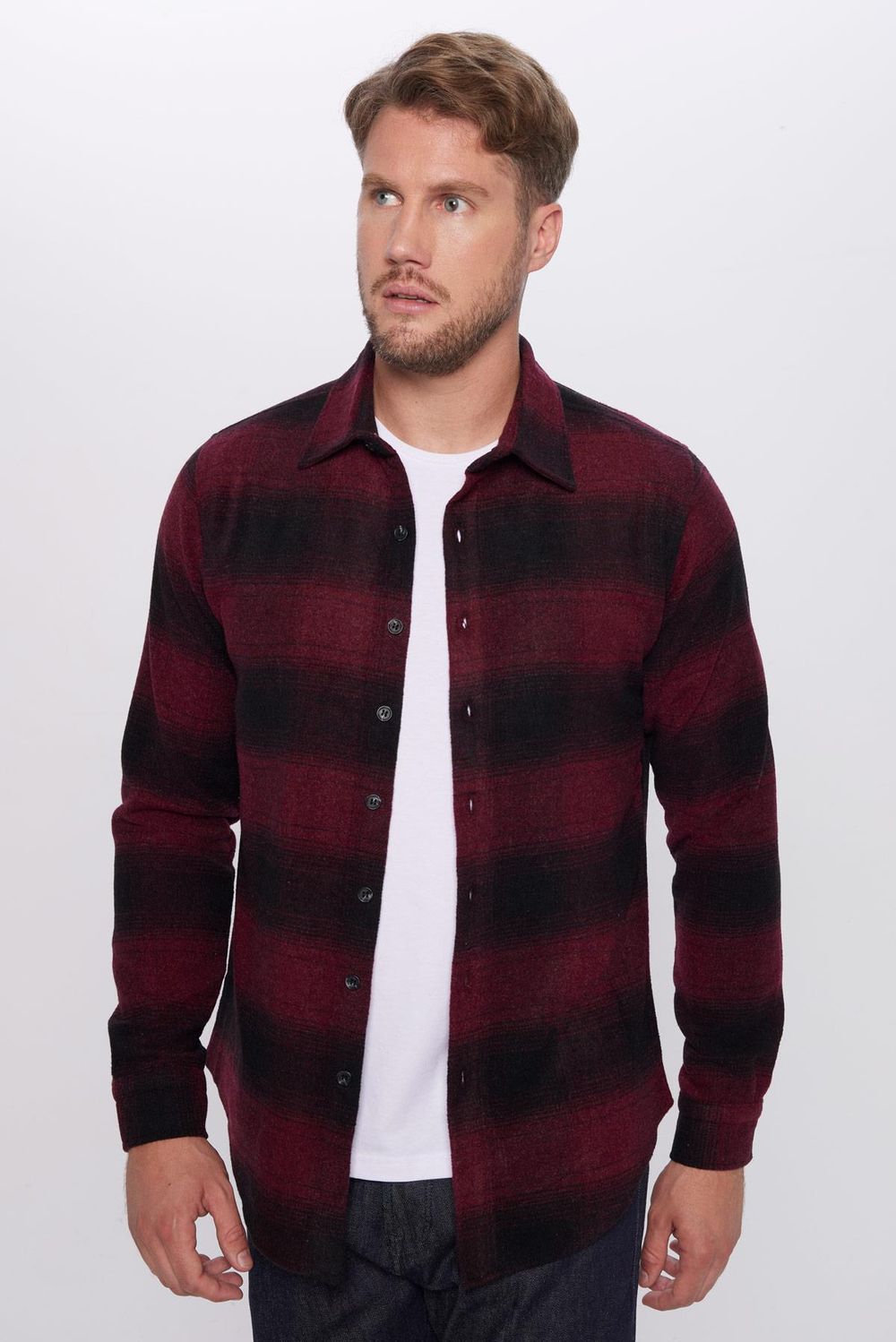Erkek Slim Fit Dar Kesim Oduncu Düğmeli Yaka Kareli Kışlık Gömlek