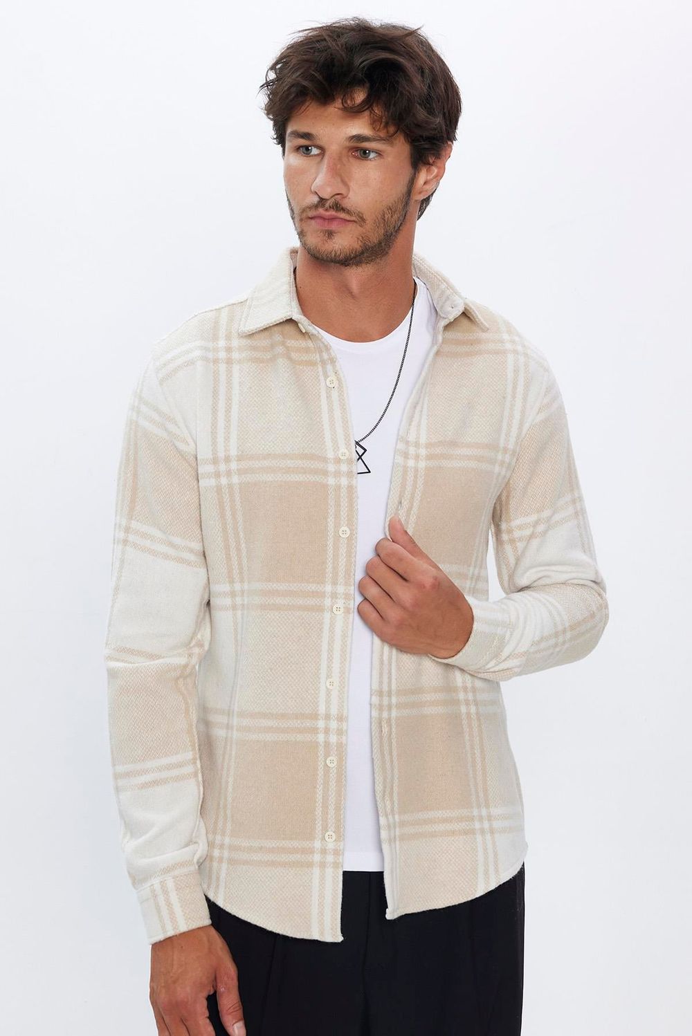 Erkek Slim Fit Dar Kesim Oduncu Düğmeli Yaka Kareli Kışlık Gömlek