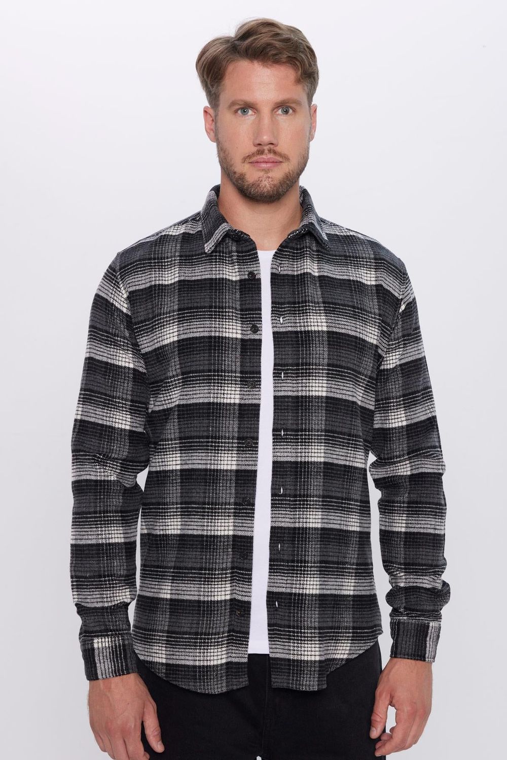 Erkek Slim Fit Dar Kesim Oduncu Düğmeli Yaka Kareli Kışlık Gömlek