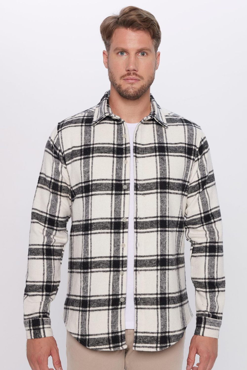 Erkek Slim Fit Dar Kesim Oduncu Düğmeli Yaka Kareli Kışlık Gömlek