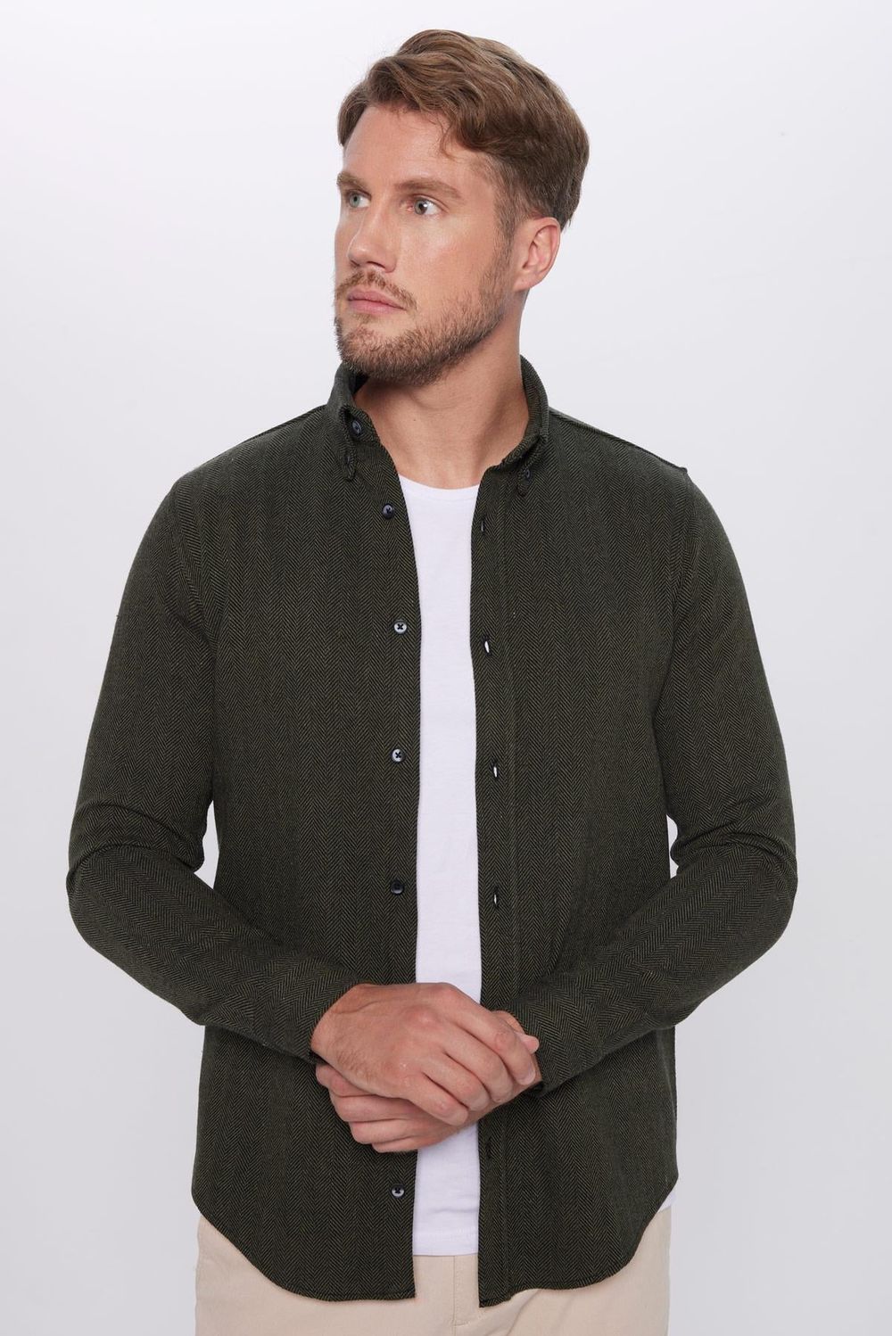 Erkek Slim Fit Dar Kesim Oduncu Düğmeli Yaka Düz Kışlık Gömlek