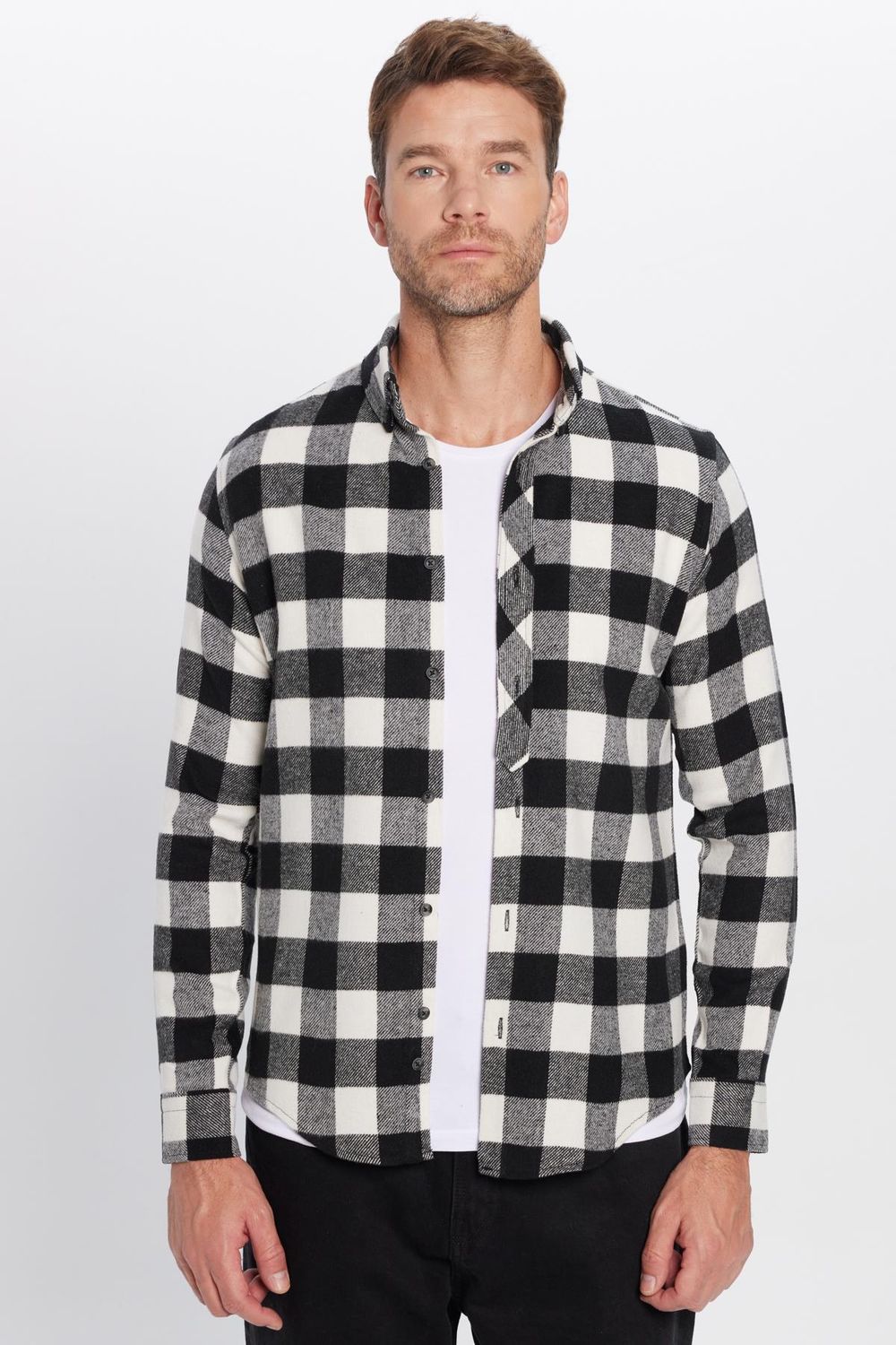 Erkek Slim Fit Dar Kesim Oduncu Düğmeli Yaka Kareli Kışlık Gömlek