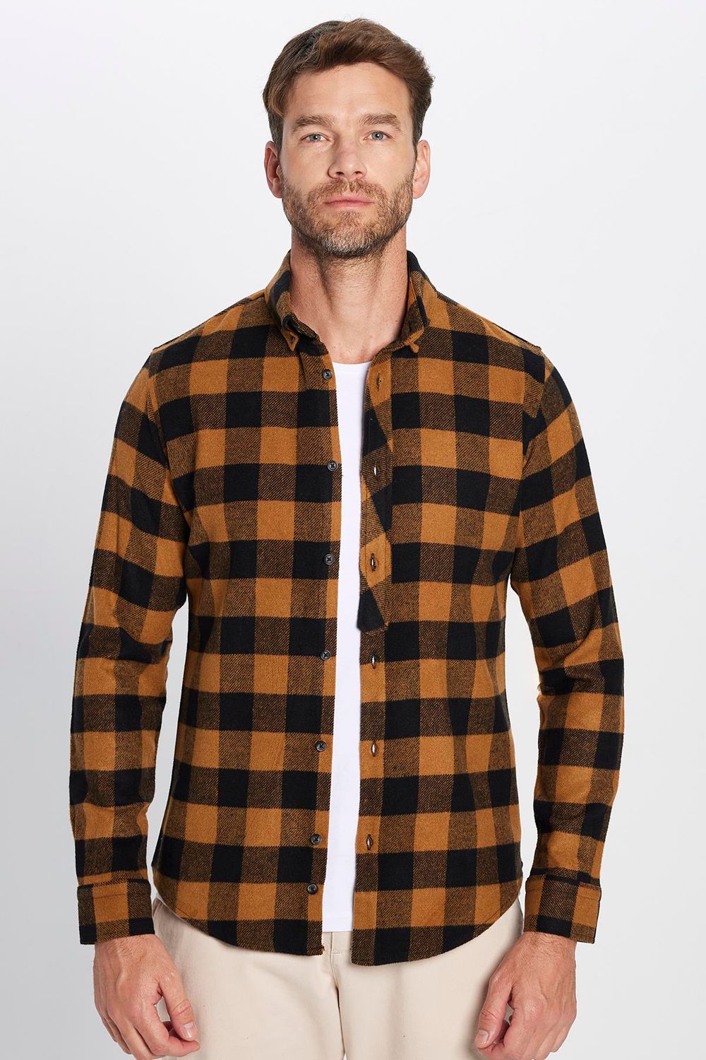 Erkek Slim Fit Dar Kesim Oduncu Düğmeli Yaka Kareli Kışlık Gömlek