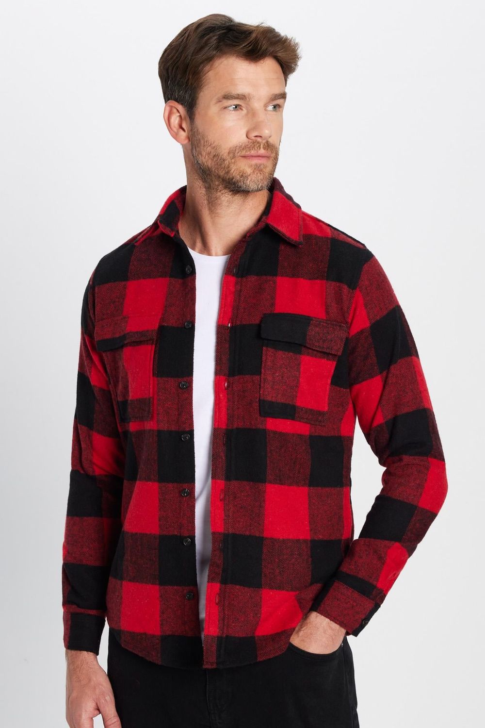 Erkek Slim Fit Dar Kesim Oduncu Çift Cep Kapaklı Kareli Kışlık Gömlek