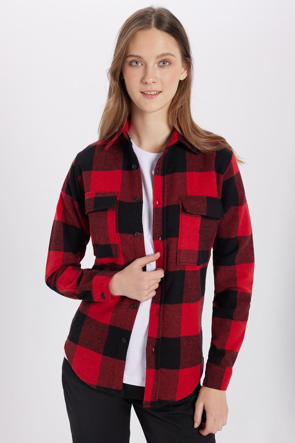 Erkek Slim Fit Dar Kesim Oduncu Çift Cep Kapaklı Kareli Kışlık Gömlek