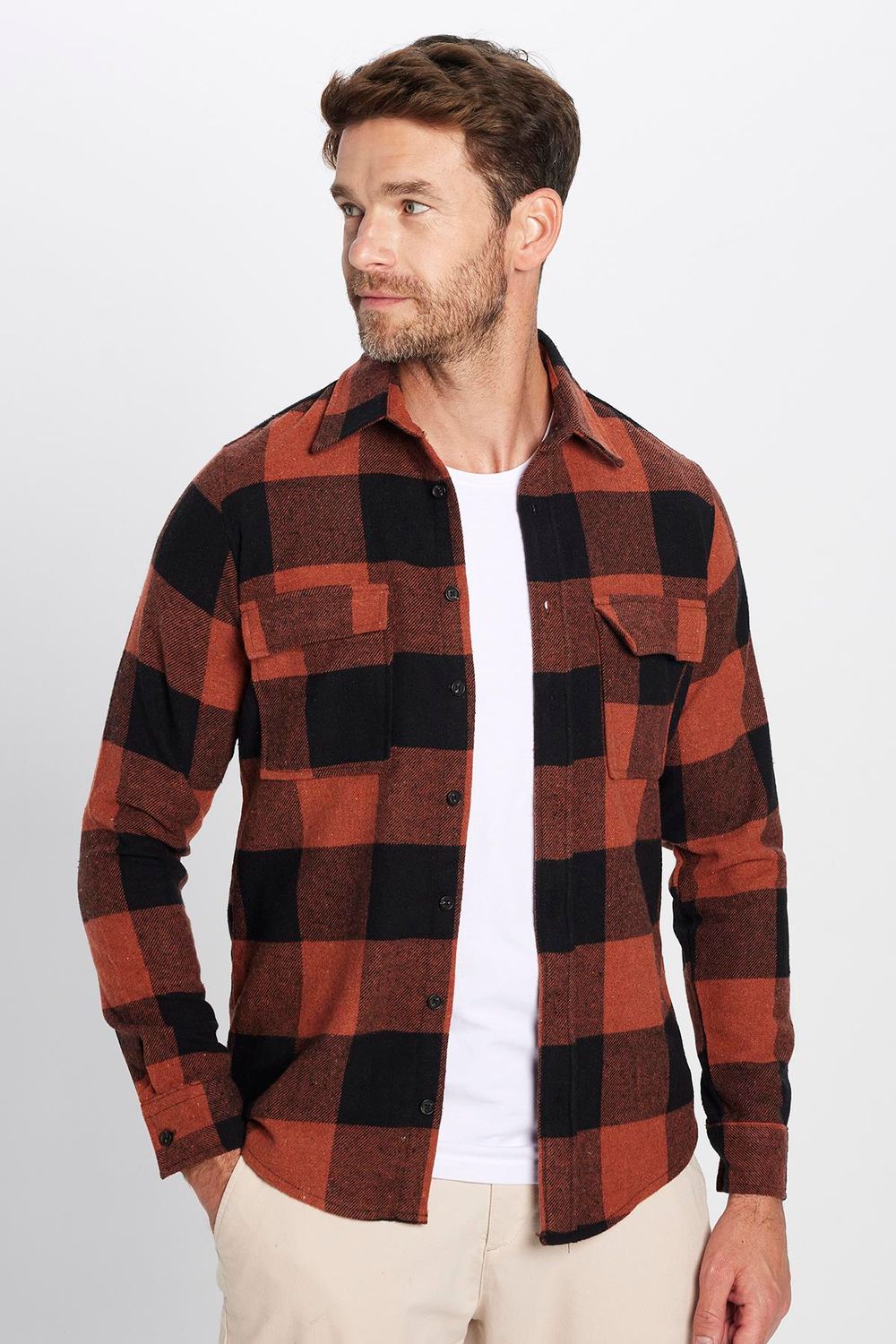 Erkek Slim Fit Dar Kesim Oduncu Çift Cep Kapaklı Kareli Kışlık Gömlek