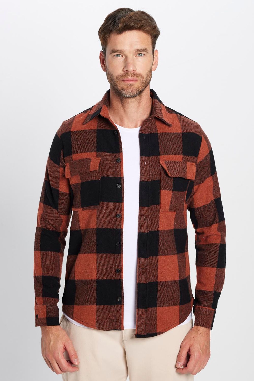 Erkek Slim Fit Dar Kesim Oduncu Çift Cep Kapaklı Kareli Kışlık Gömlek