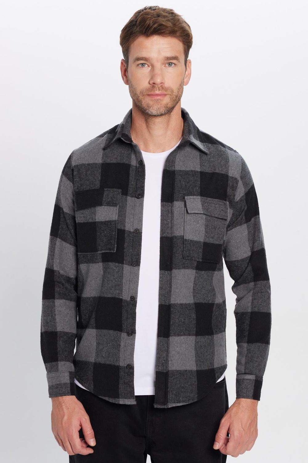 Erkek Slim Fit Dar Kesim Oduncu Çift Cep Kapaklı Kareli Kışlık Gömlek