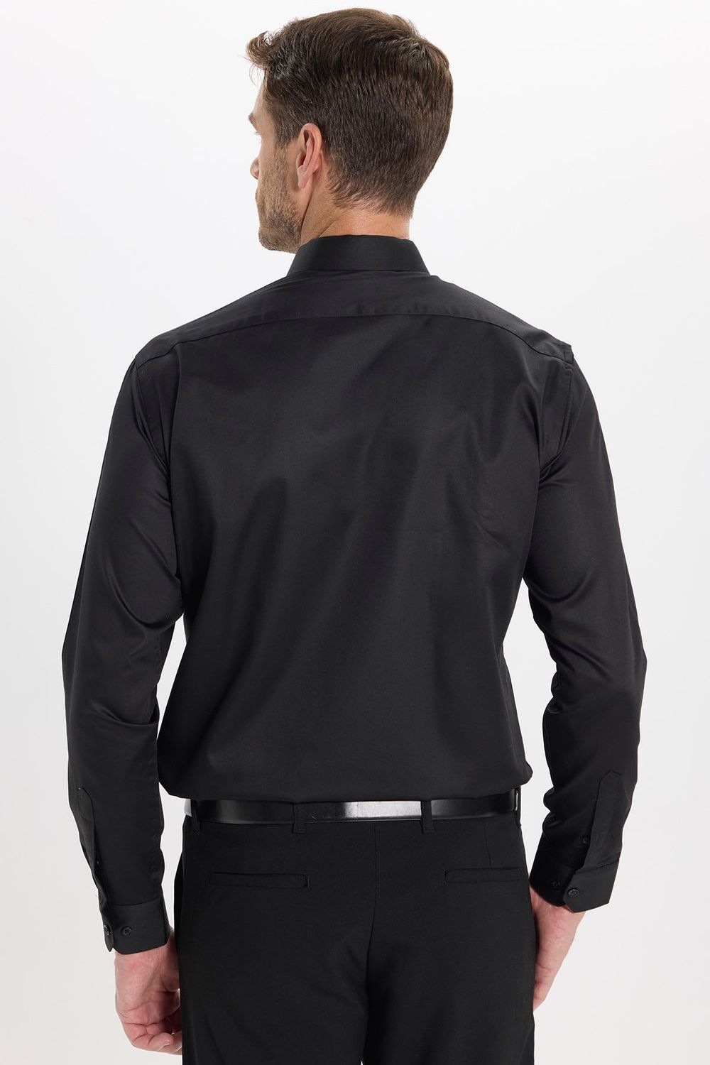 Erkek Slim Fit Dar Kesim Non-Iron Uzun Kollu Kravatlık Yaka Pamuklu Siyah Gömlek