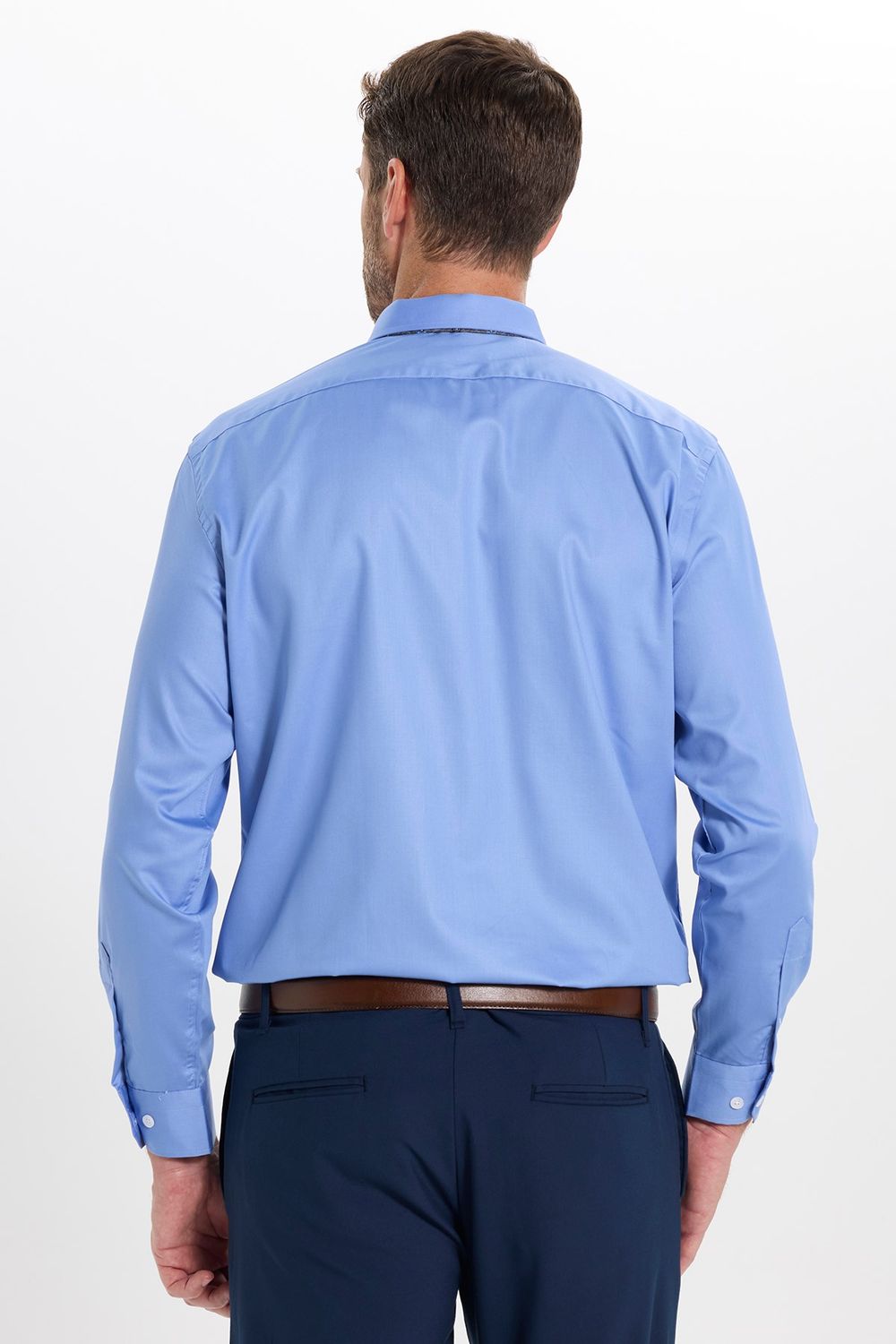 Erkek Slim Fit Dar Kesim Non-Iron Uzun Kollu Kravatlık Yaka Pamuklu Mavi Gömlek