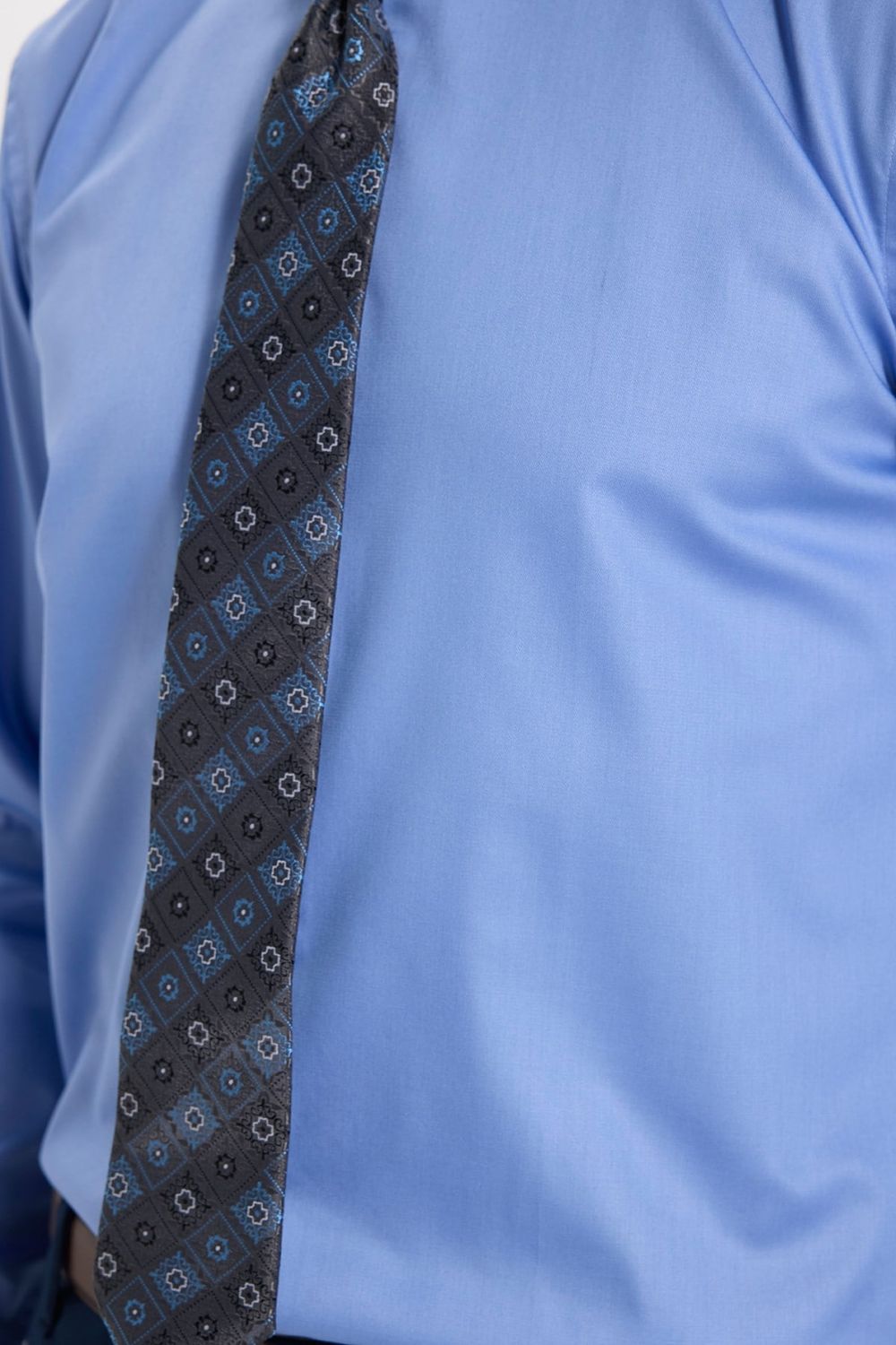 Erkek Slim Fit Dar Kesim Non-Iron Uzun Kollu Kravatlık Yaka Pamuklu Mavi Gömlek