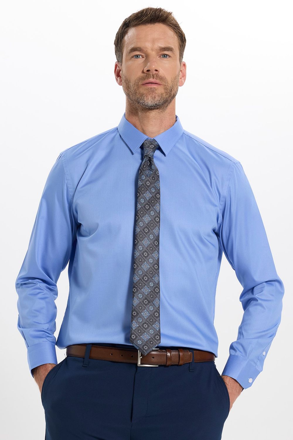 Erkek Slim Fit Dar Kesim Non-Iron Uzun Kollu Kravatlık Yaka Pamuklu Mavi Gömlek
