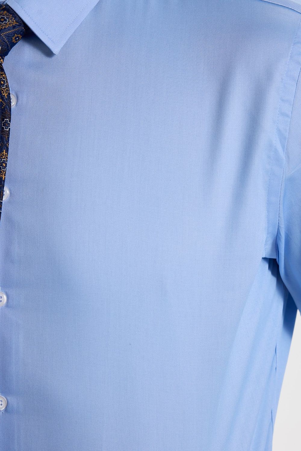 Erkek Slim Fit Dar Kesim Non-Iron Uzun Kollu Kravatlık Yaka Pamuklu Açık Mavi Gömlek