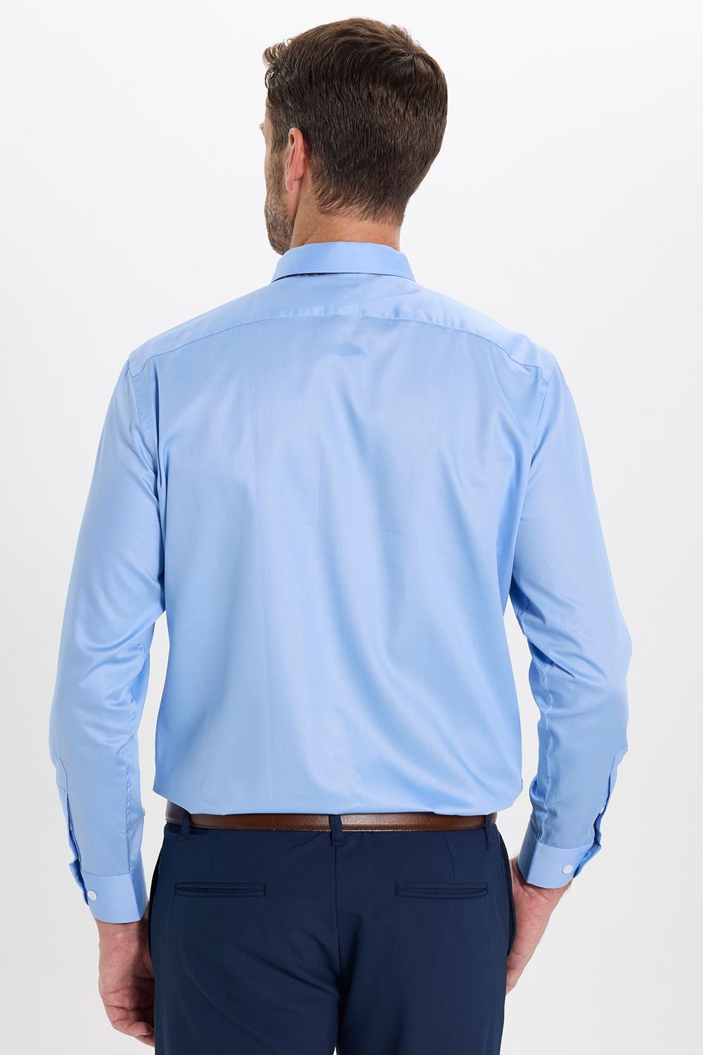 Erkek Slim Fit Dar Kesim Non-Iron Uzun Kollu Kravatlık Yaka Pamuklu Açık Mavi Gömlek