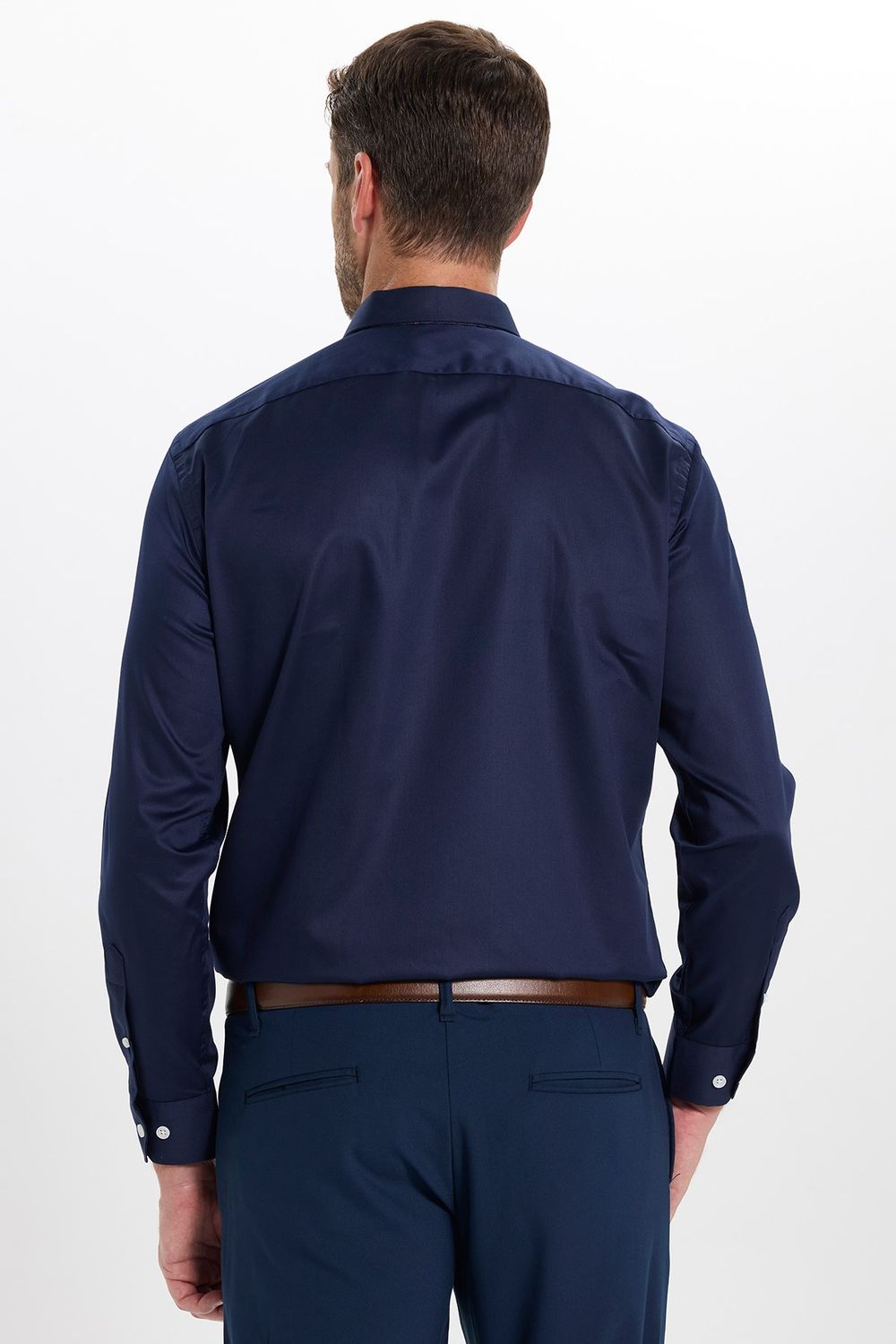 Erkek Slim Fit Dar Kesim Non-Iron Uzun Kollu Kravatlık Yaka Pamuklu Lacivert Gömlek