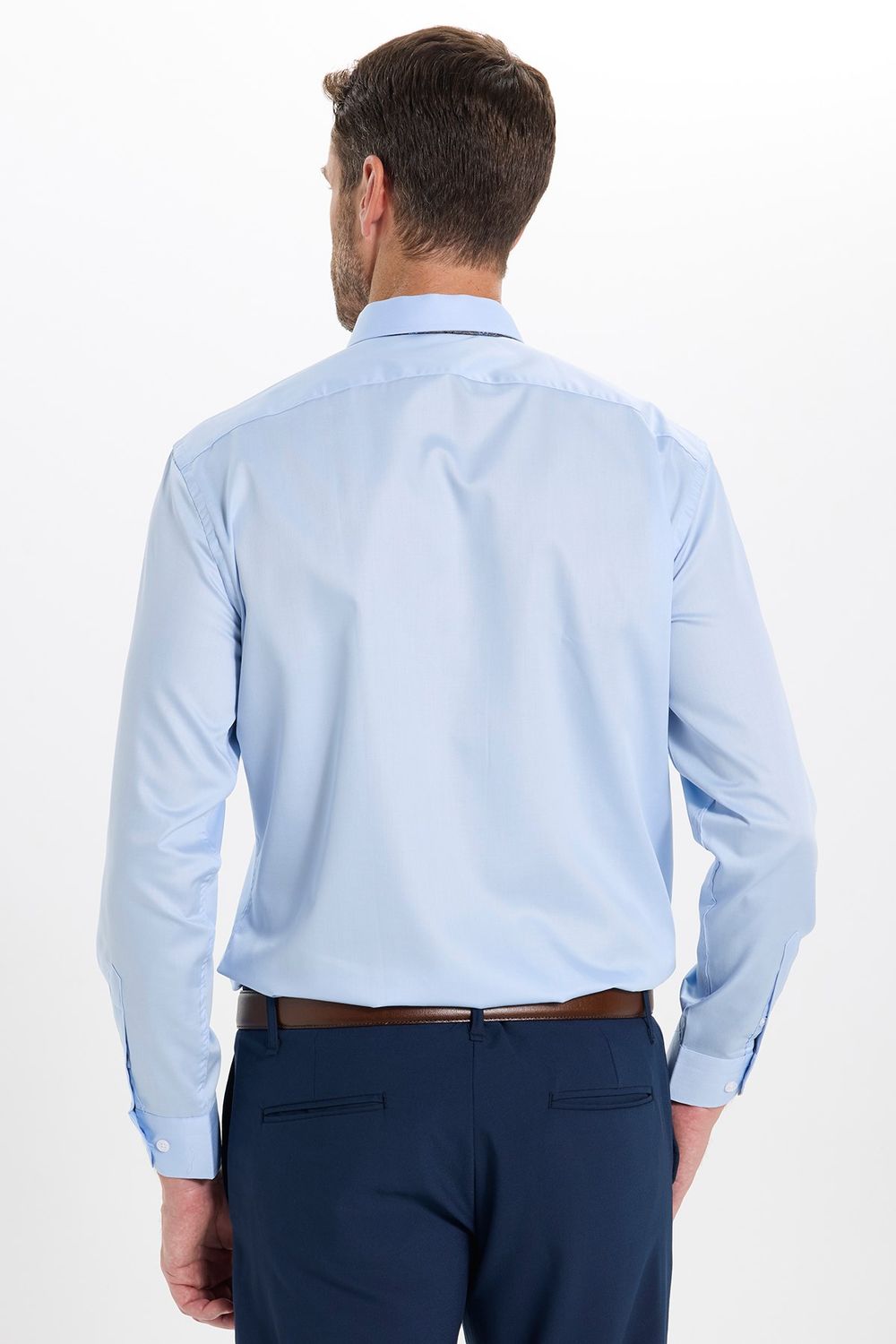 Erkek Slim Fit Dar Kesim Non-Iron Uzun Kollu Kravatlık Yaka Pamuklu Açık Mavi Gömlek