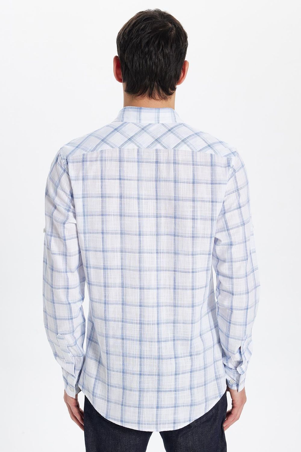 Erkek Slim Fit Dar Kesim %100 Pamuk Keten Doku Kareli Gömlek