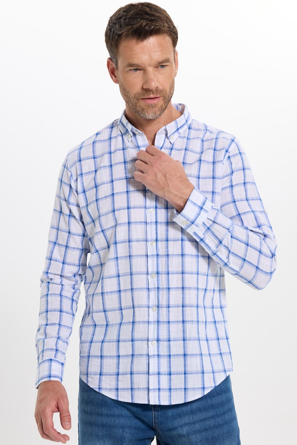 Erkek Slim Fit Dar Kesim %100 Pamuk Keten Doku Kareli Gömlek