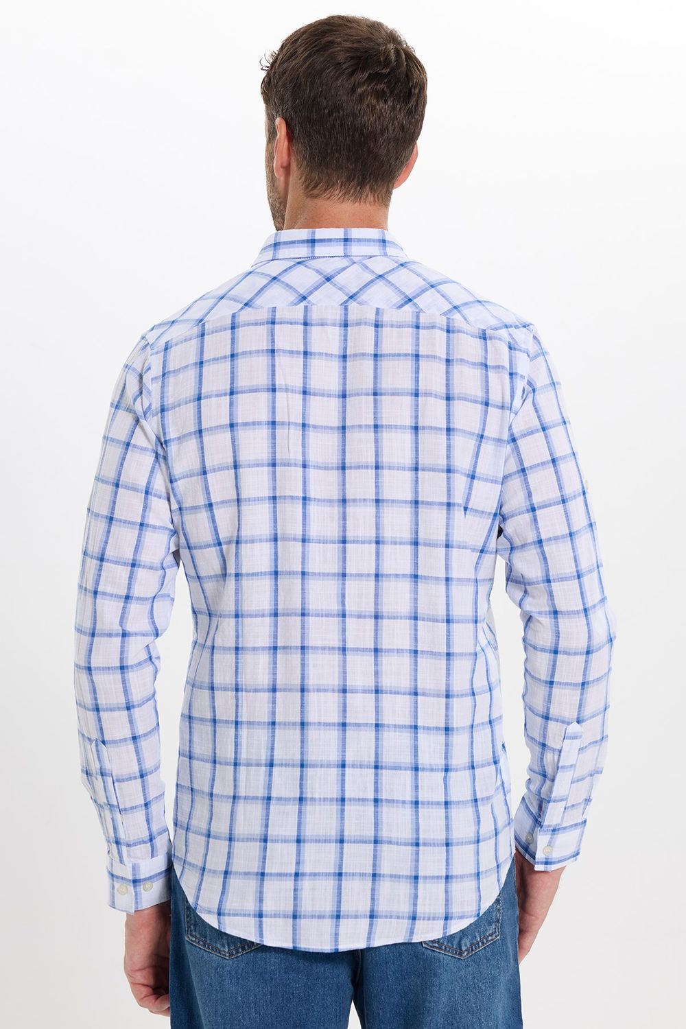 Erkek Slim Fit Dar Kesim %100 Pamuk Keten Doku Kareli Gömlek