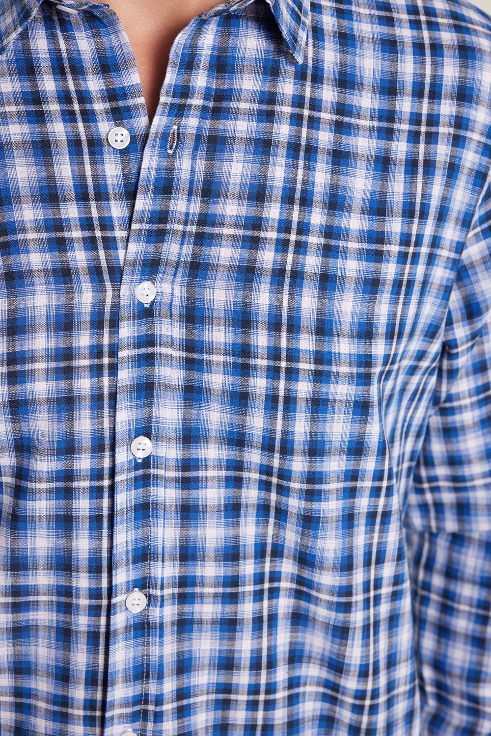 Erkek Slim Fit Dar Kesim %100 Pamuk Keten Doku Kareli Gömlek