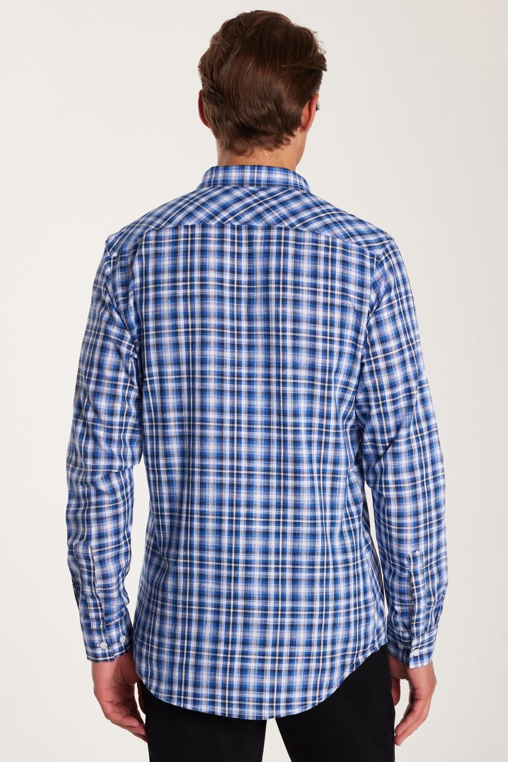 Erkek Slim Fit Dar Kesim %100 Pamuk Keten Doku Kareli Gömlek