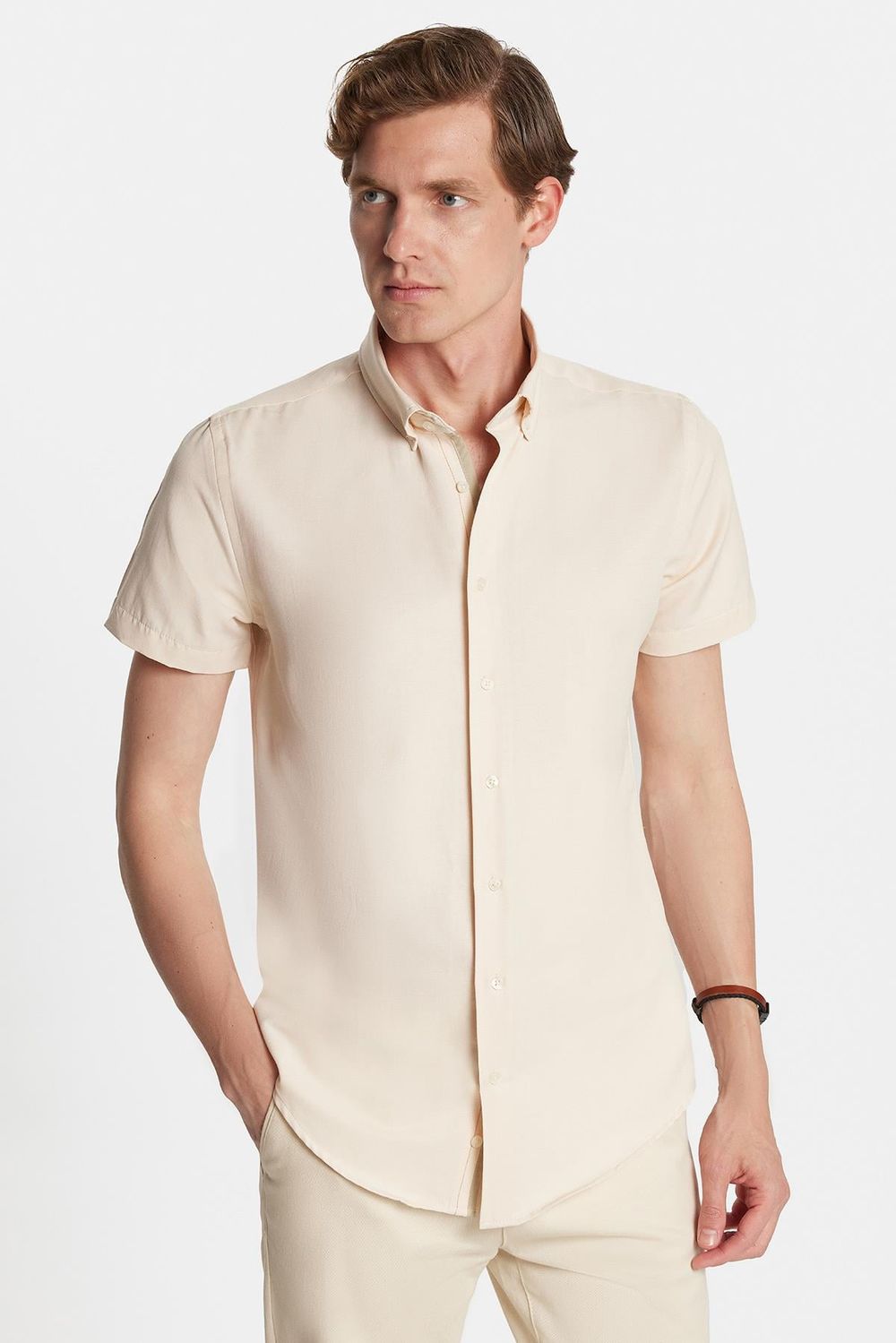 Erkek Slim Fit Dar Kesim Kısa Kollu Spor Yaka Oxford Doku Pamuklu Gömlek