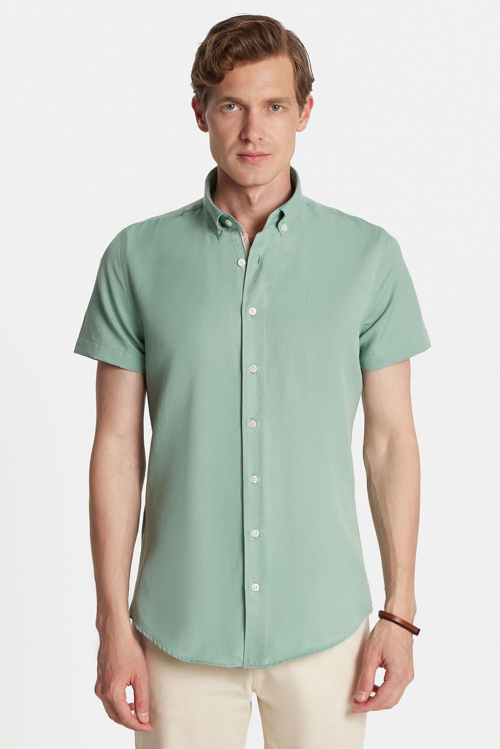 Erkek Slim Fit Dar Kesim Kısa Kollu Spor Yaka Oxford Doku Pamuklu Gömlek