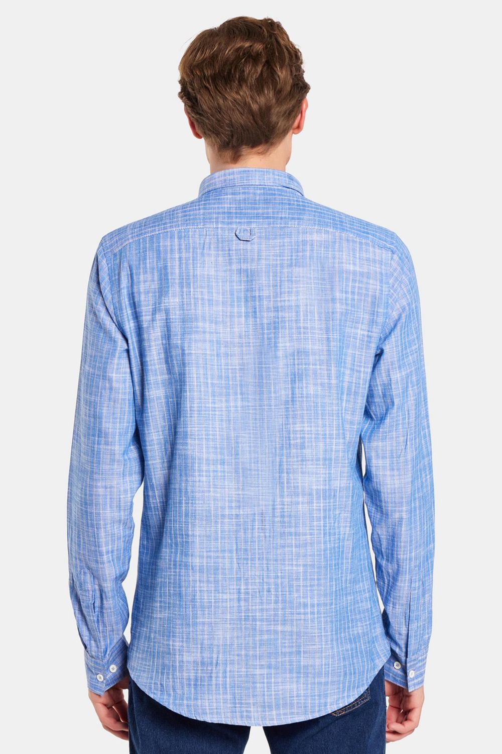 Erkek Slim Fit Dar Kesim Uzun Kol Düğmeli Spor Yaka Keten Efekt %100 Pamuk Çizgili Yazlık Gömlek