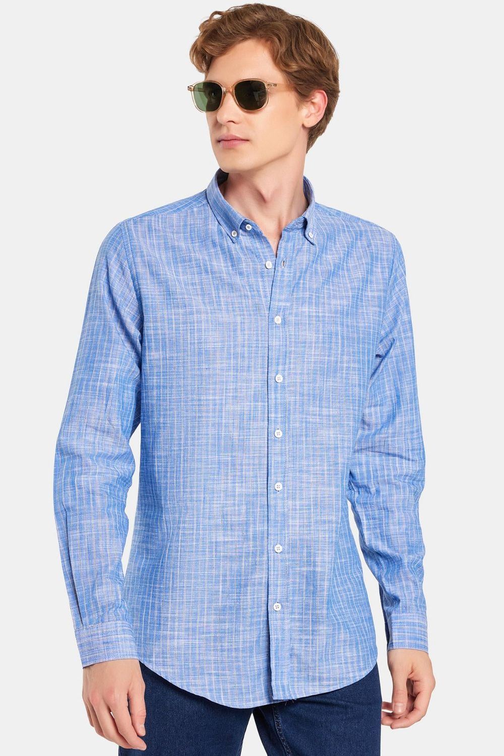 Erkek Slim Fit Dar Kesim Uzun Kol Düğmeli Spor Yaka Keten Efekt %100 Pamuk Çizgili Yazlık Gömlek