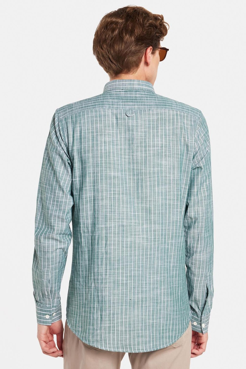 Erkek Slim Fit Dar Kesim Uzun Kol Düğmeli Spor Yaka Keten Efekt %100 Pamuk Çizgili Yazlık Gömlek