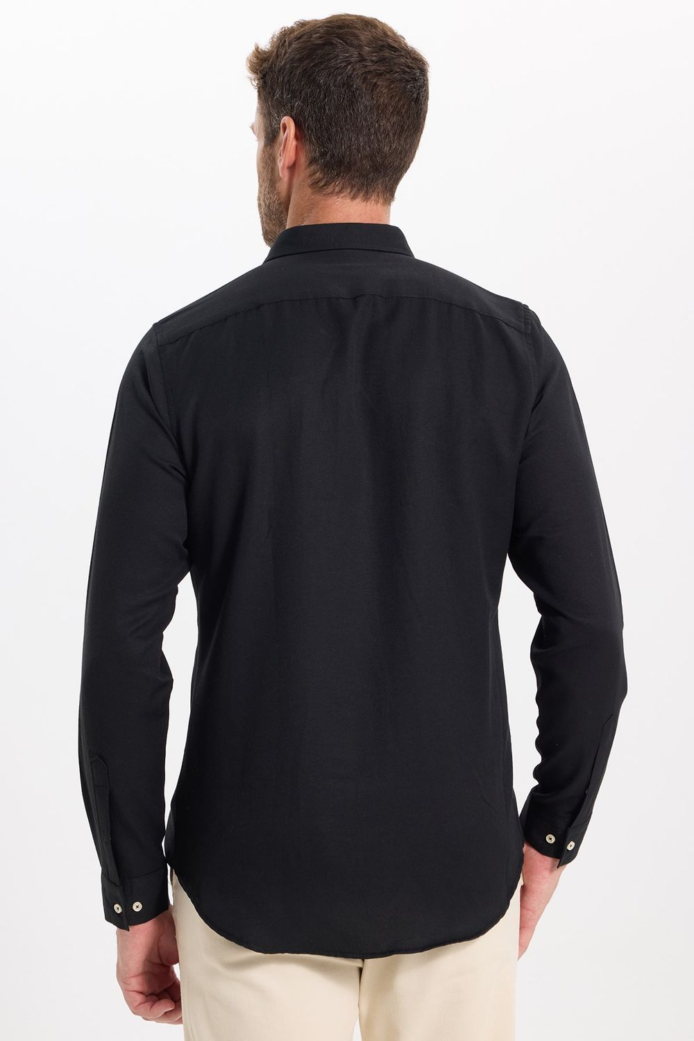 Erkek Slim Fit Dar Kesim Düz Oxford Armalı Düğmeli Yaka Siyah Spor Gömlek