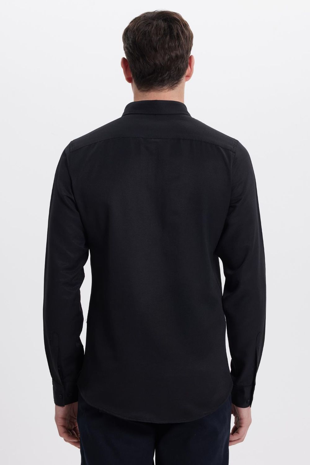 Erkek Slim Fit Dar Kesim Düz Oxford Armalı Yaka Düğmeli Siyah Spor Gömlek