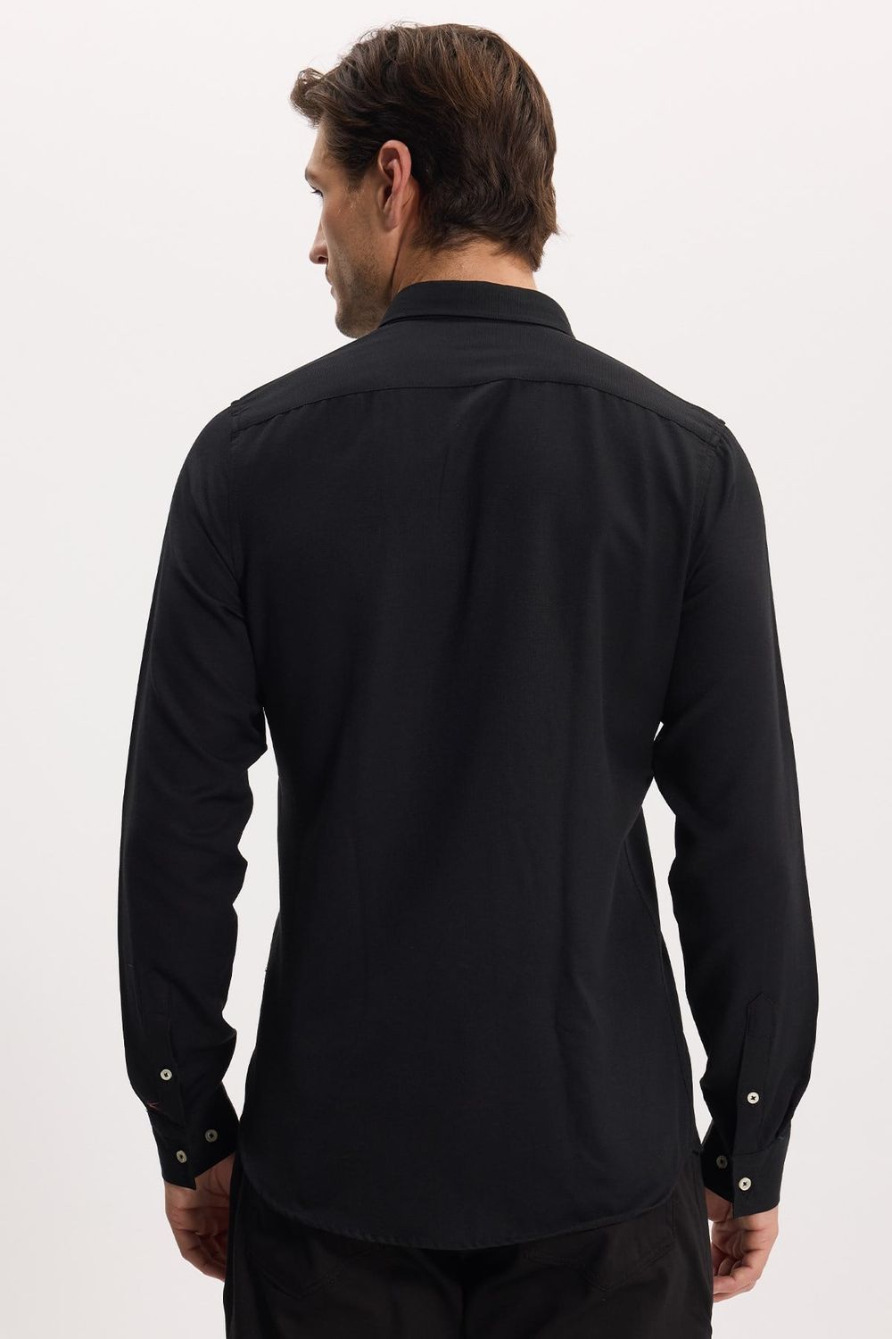 Erkek Slim Fit Dar Kesim Düz Oxford Armalı Düğmeli Yaka Siyah Spor Gömlek