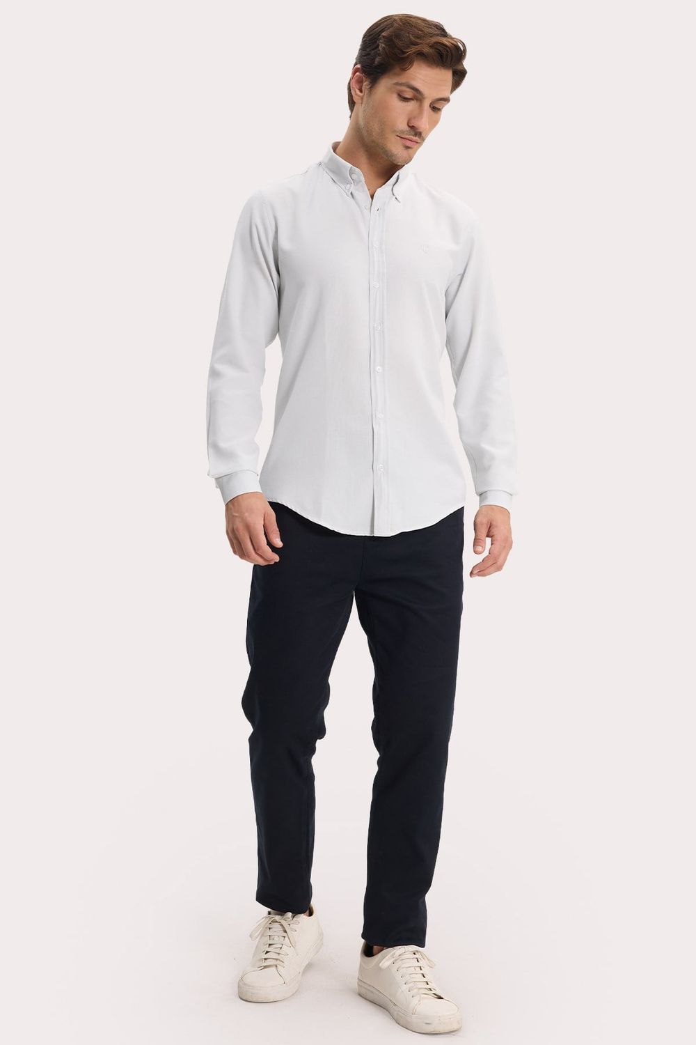 Erkek Slim Fit Dar Kesim Düz Oxford Armalı Düğmeli Yaka Gri Spor Gömlek