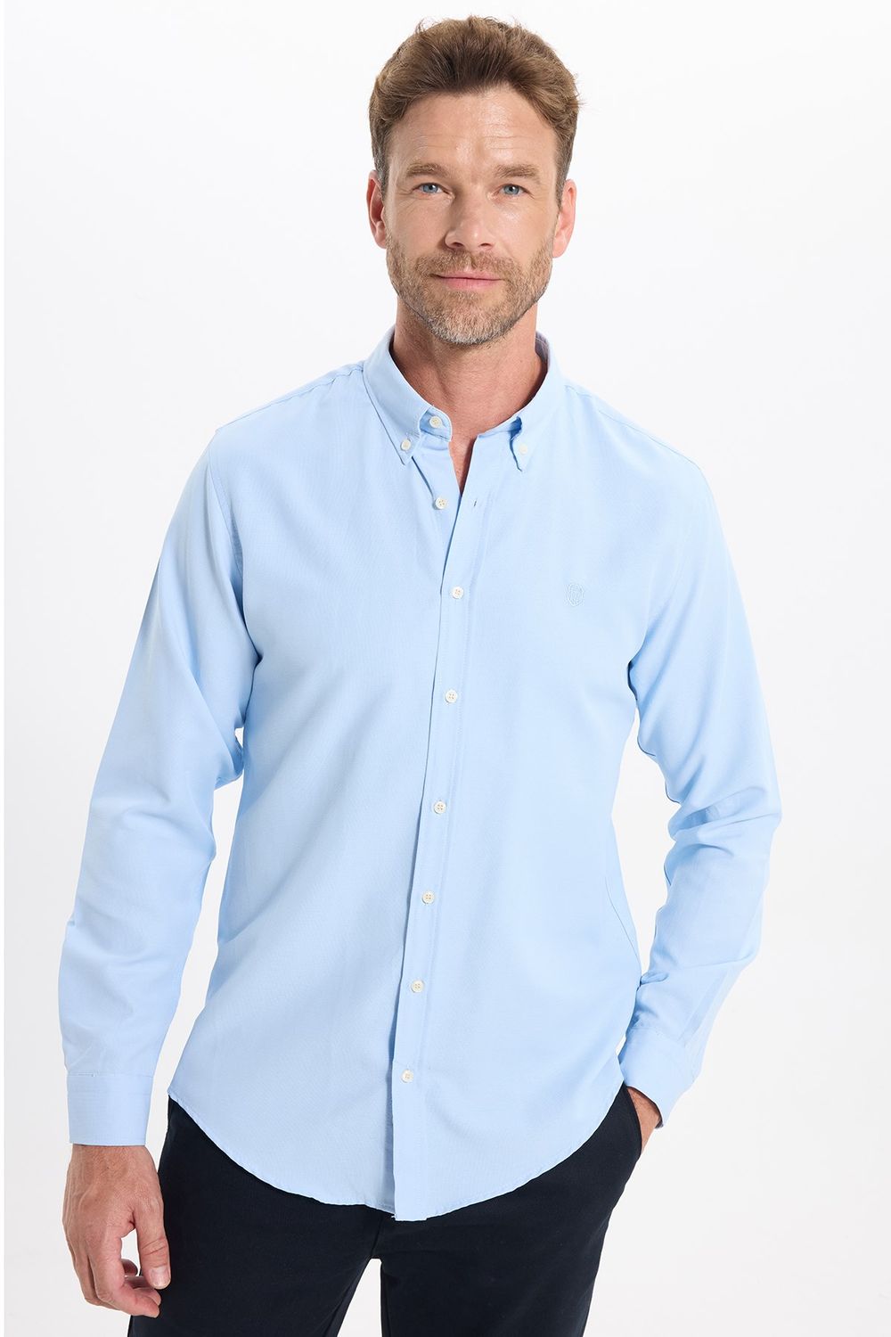 Erkek Slim Fit Dar Kesim Düz Oxford Armalı Düğmeli Yaka Mavi Spor Gömlek