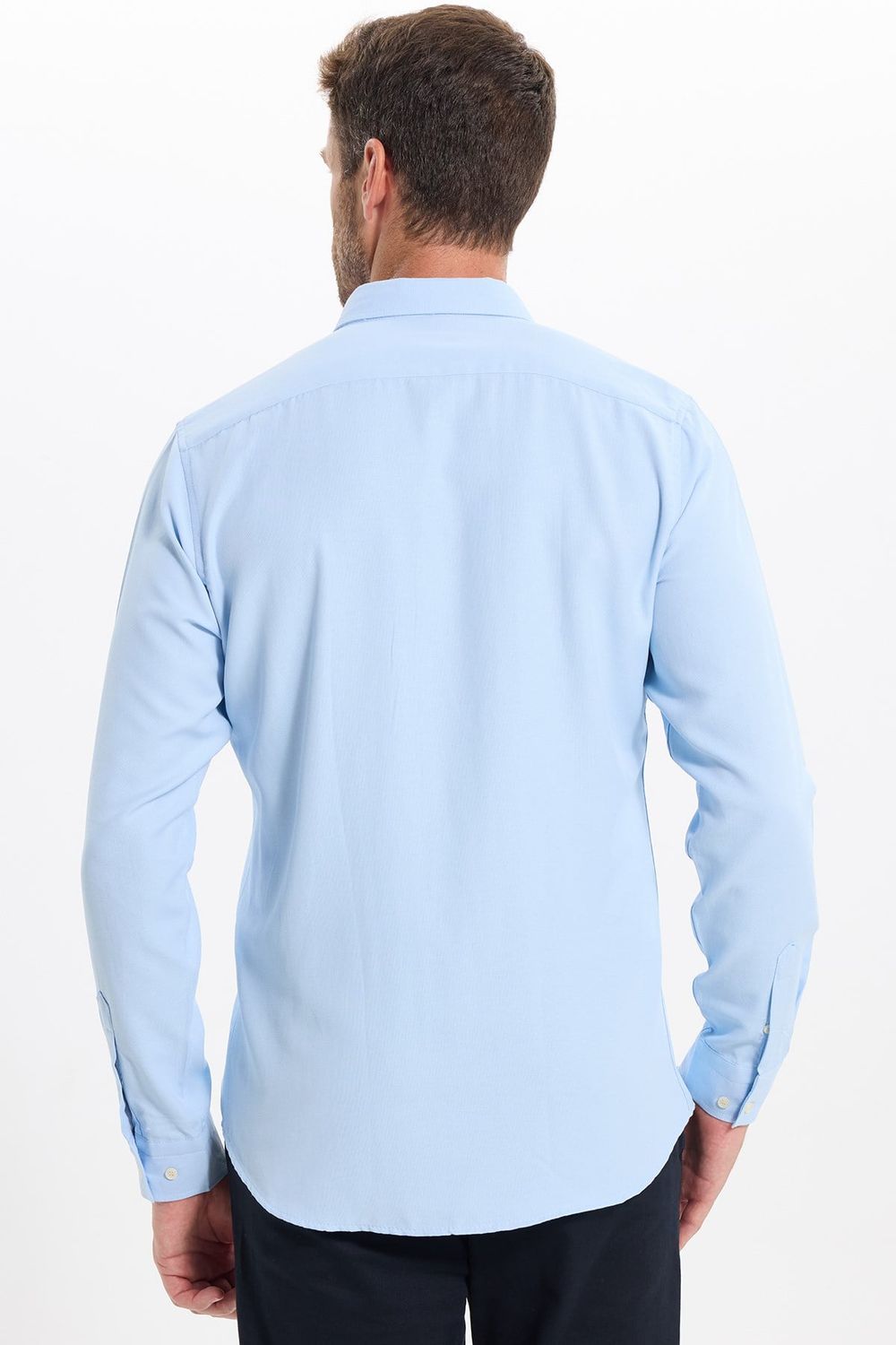 Erkek Slim Fit Dar Kesim Düz Oxford Armalı Düğmeli Yaka Mavi Spor Gömlek
