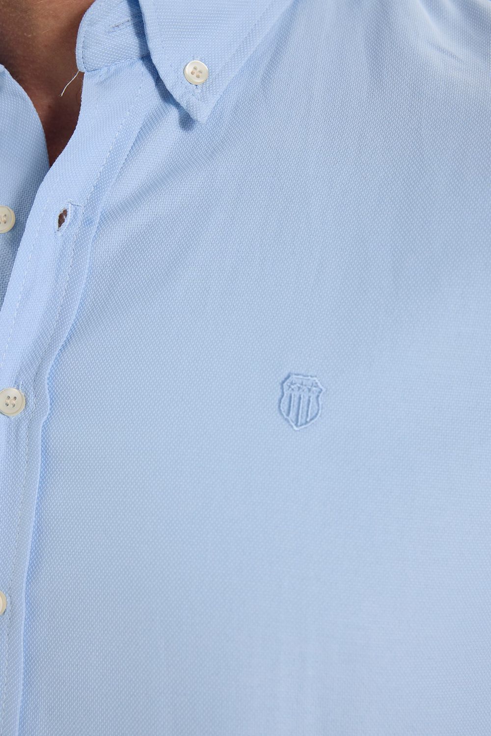 Erkek Slim Fit Dar Kesim Düz Oxford Armalı Düğmeli Yaka Mavi Spor Gömlek