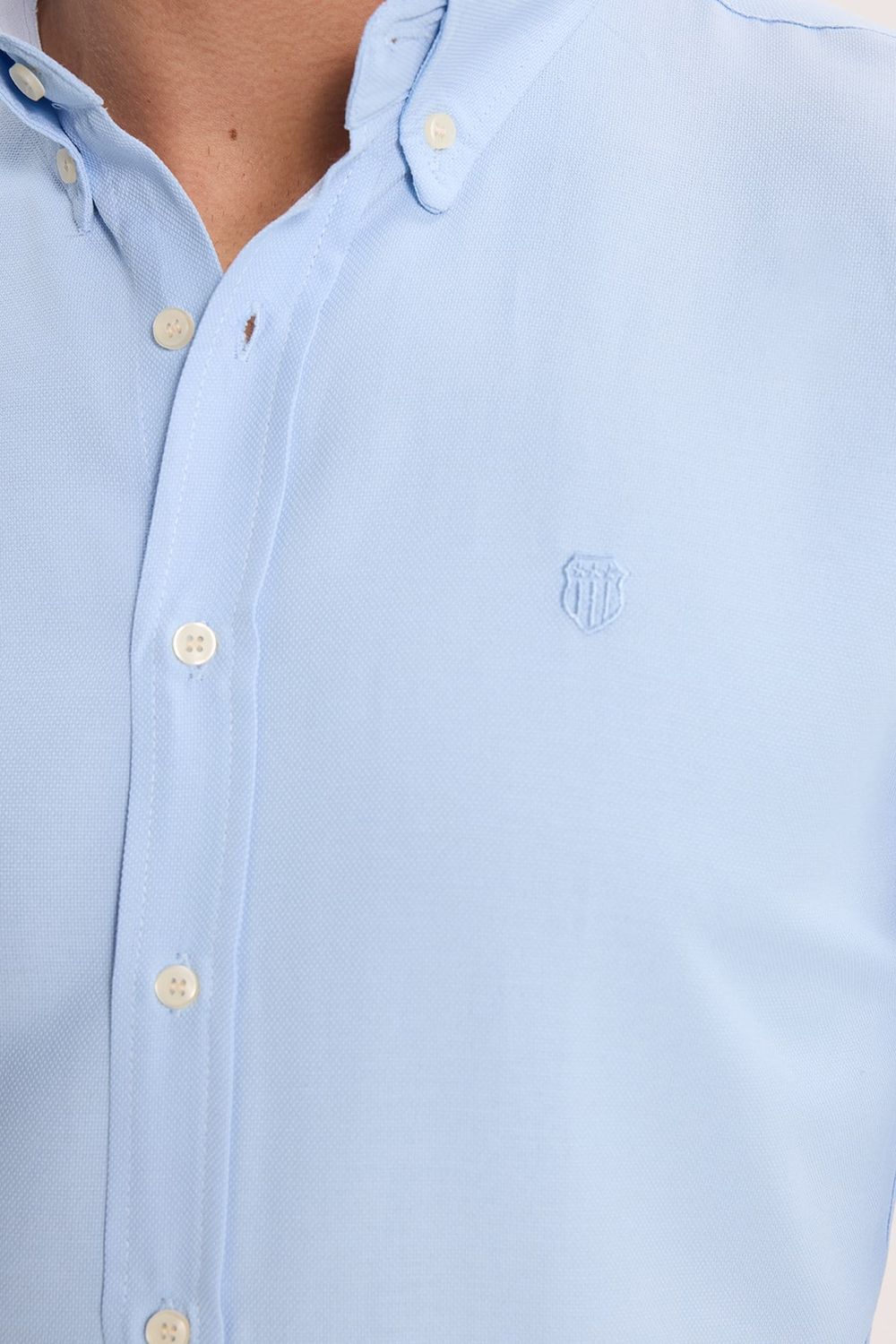 Erkek Slim Fit Dar Kesim Düz Oxford Armalı Düğmeli Yaka Mavi Spor Gömlek
