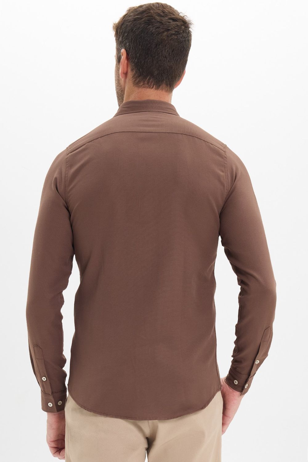 Erkek Slim Fit Dar Kesim Düz Oxford Armalı Düğmeli Yaka Kahverengi Spor Gömlek