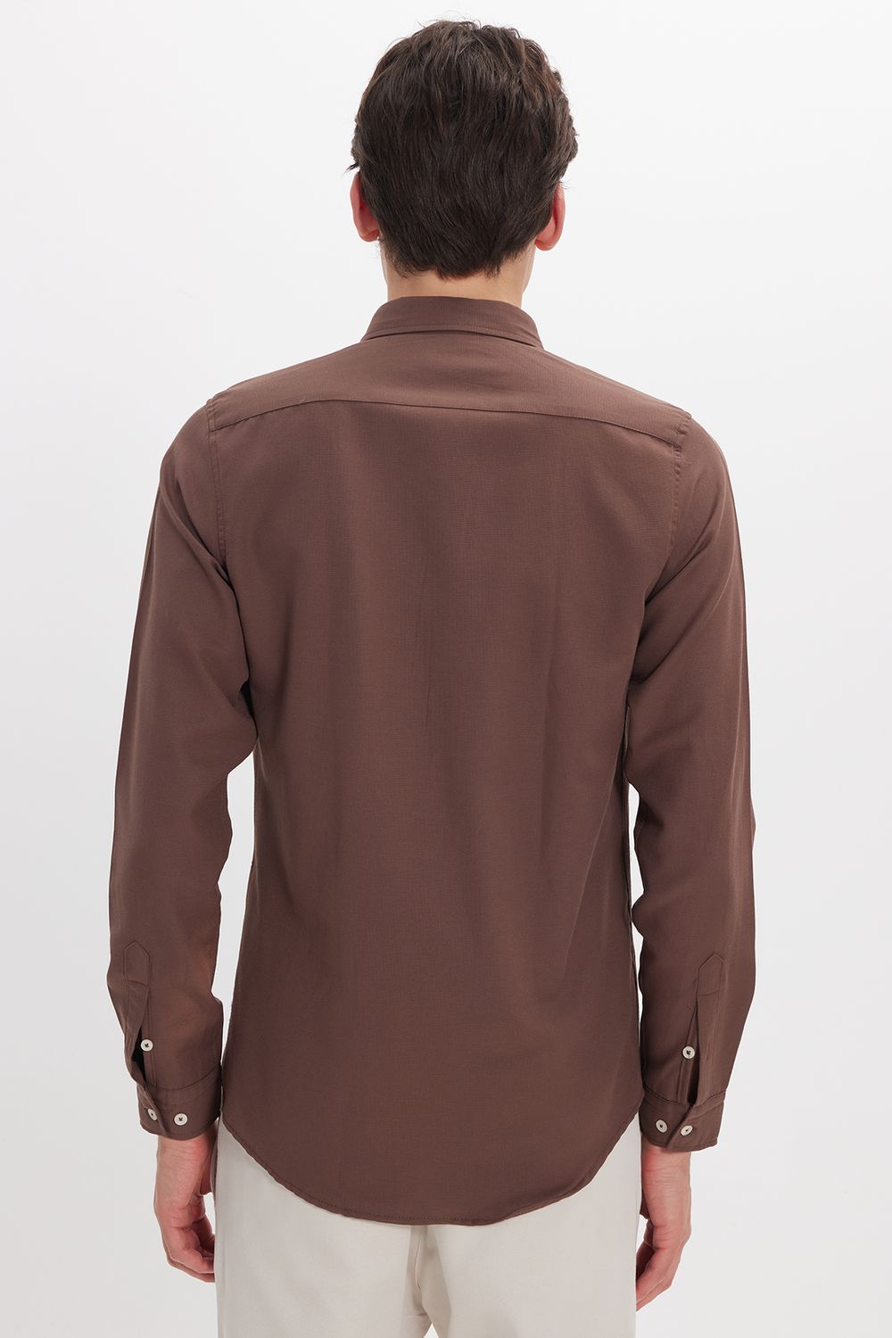 Erkek Slim Fit Dar Kesim Düz Oxford Armalı Düğmeli Yaka Kahverengi Spor Gömlek