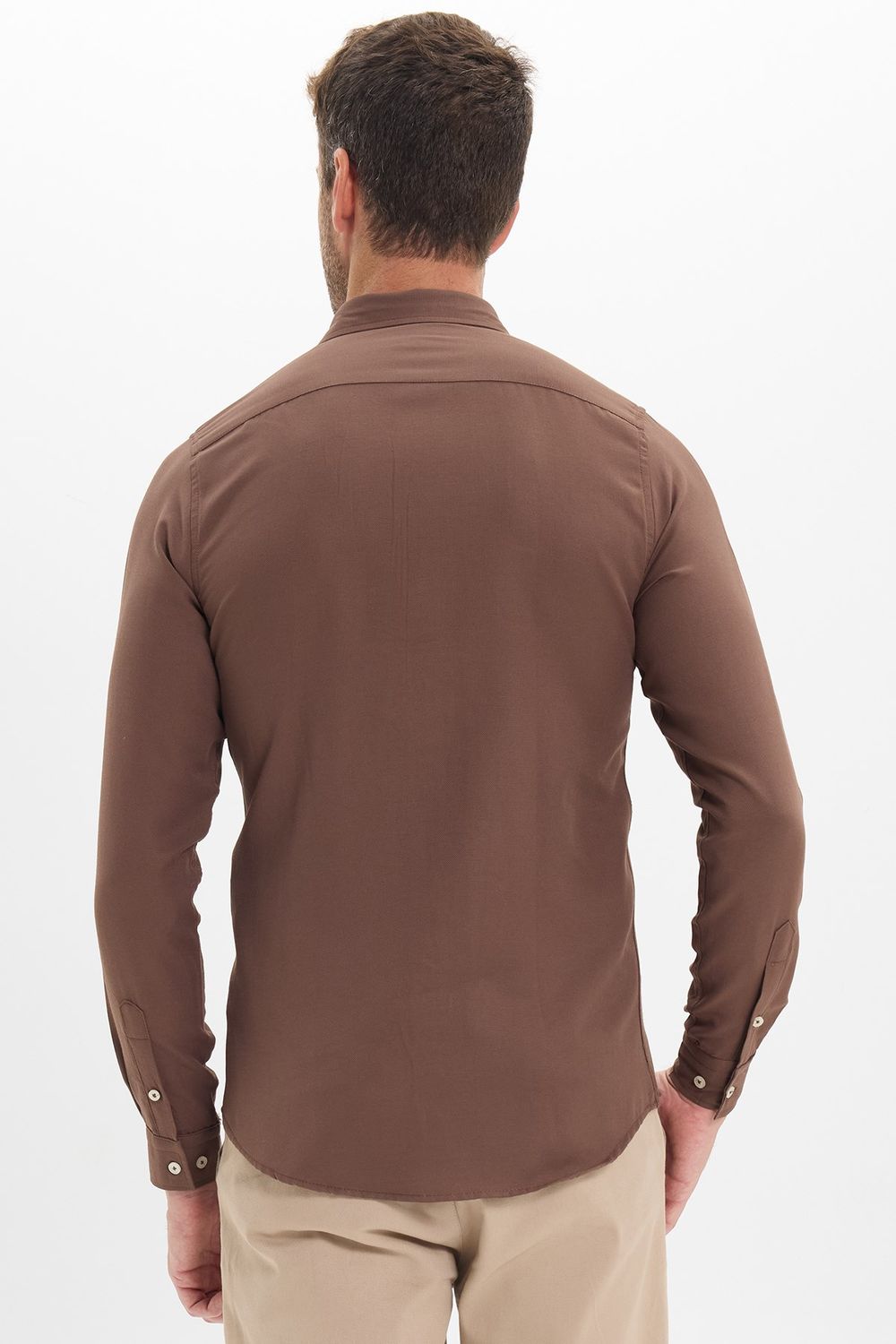 Erkek Slim Fit Dar Kesim Düz Oxford Armalı Düğmeli Yaka Kahverengi Spor Gömlek