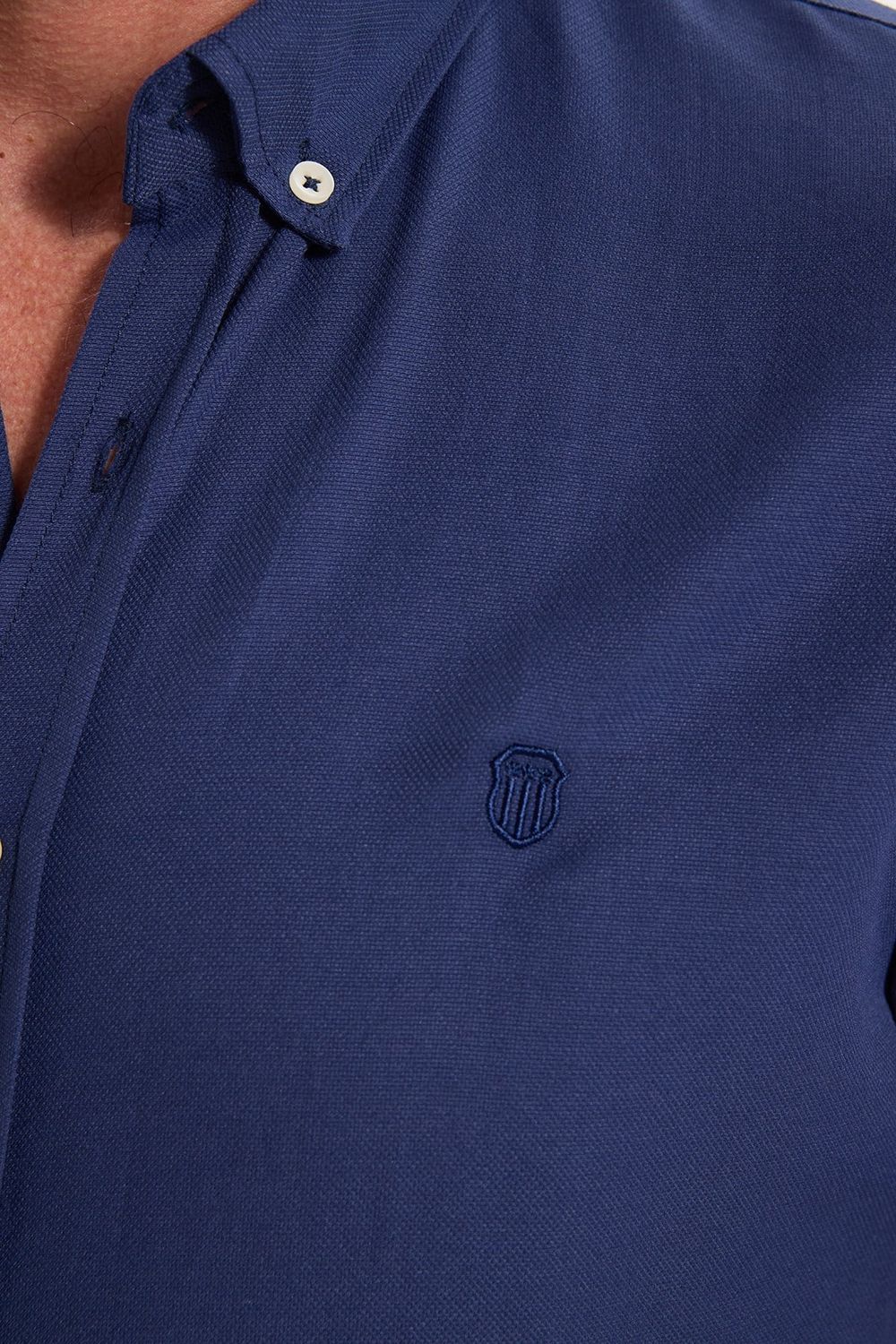 Erkek Slim Fit Dar Kesim Düz Oxford Armalı Düğmeli Yaka Lacivert Spor Gömlek