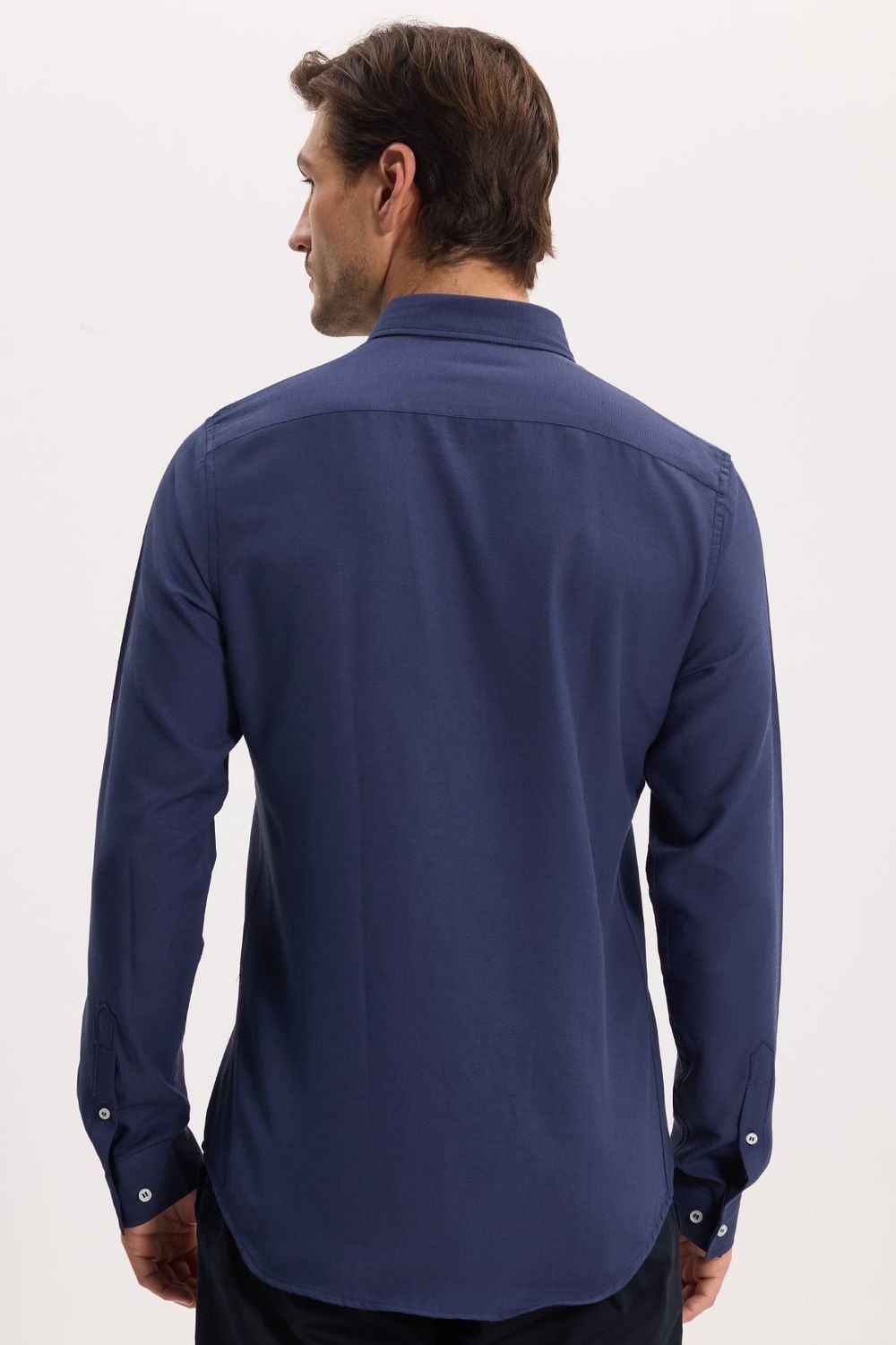 Erkek Slim Fit Dar Kesim Düz Oxford Armalı Düğmeli Yaka Lacivert Spor Gömlek