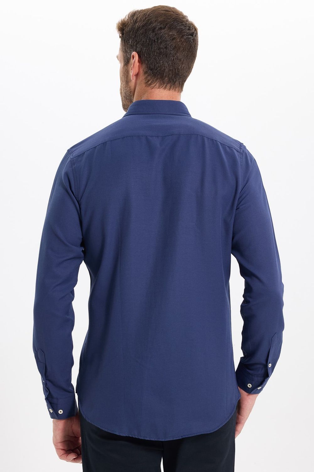 Erkek Slim Fit Dar Kesim Düz Oxford Armalı Düğmeli Yaka Lacivert Spor Gömlek