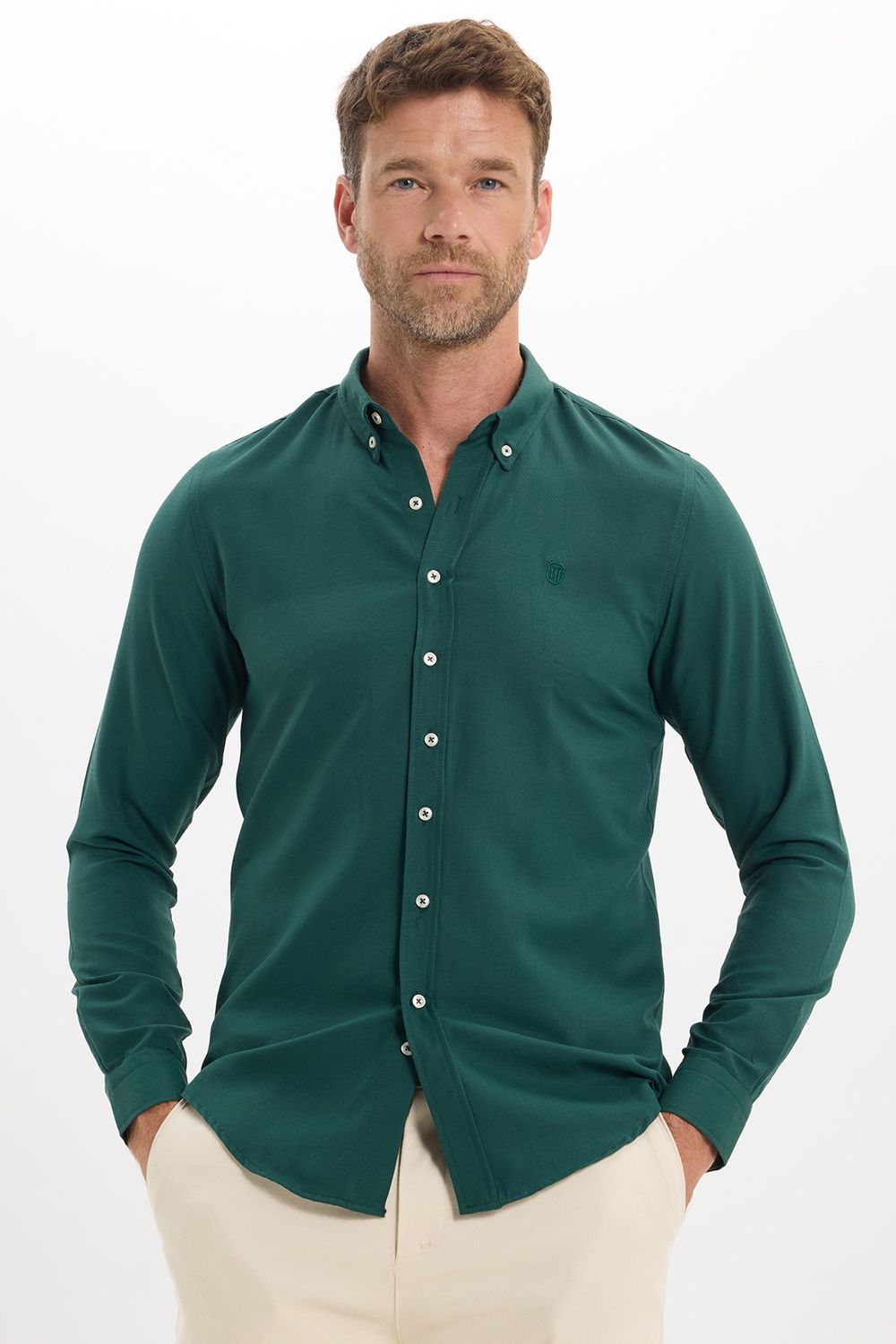 Erkek Slim Fit Dar Kesim Düz Oxford Armalı Düğmeli Yaka Haki Spor Gömlek