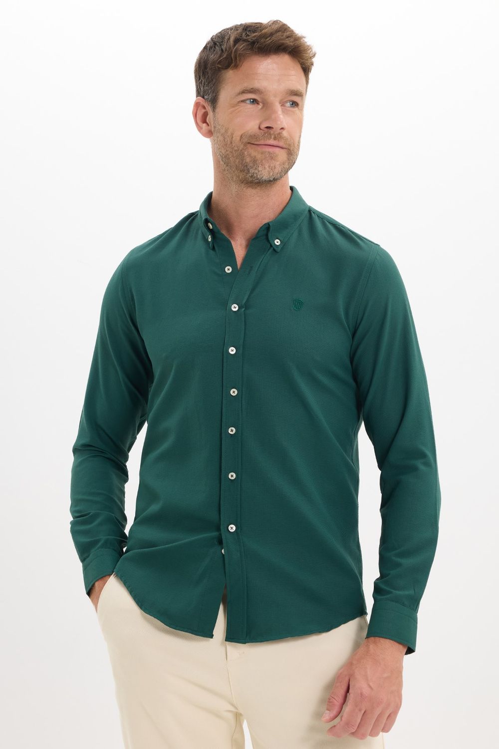 Erkek Slim Fit Dar Kesim Düz Oxford Armalı Düğmeli Yaka Haki Spor Gömlek
