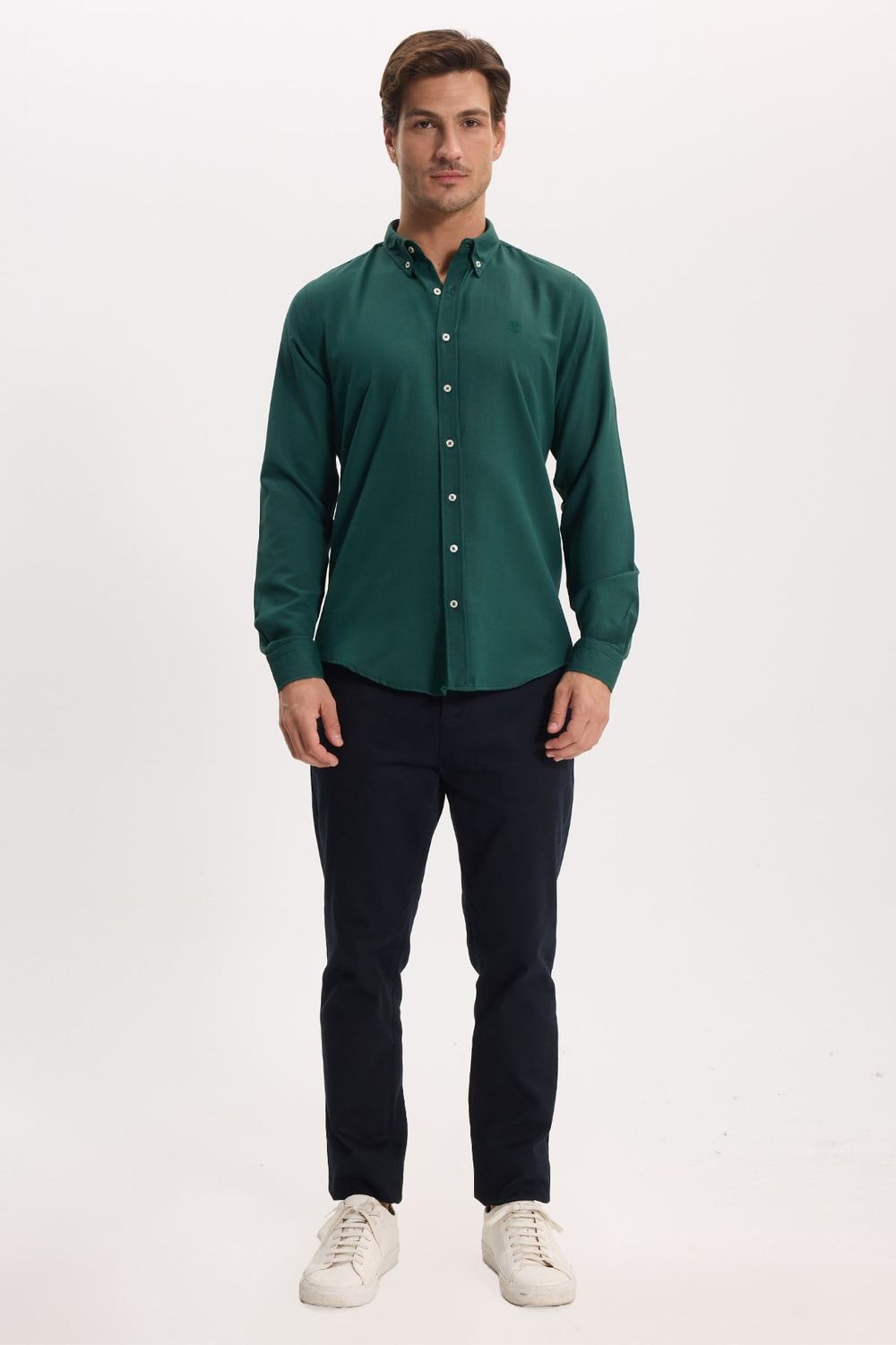 Erkek Slim Fit Dar Kesim Düz Oxford Armalı Düğmeli Yaka Haki Spor Gömlek