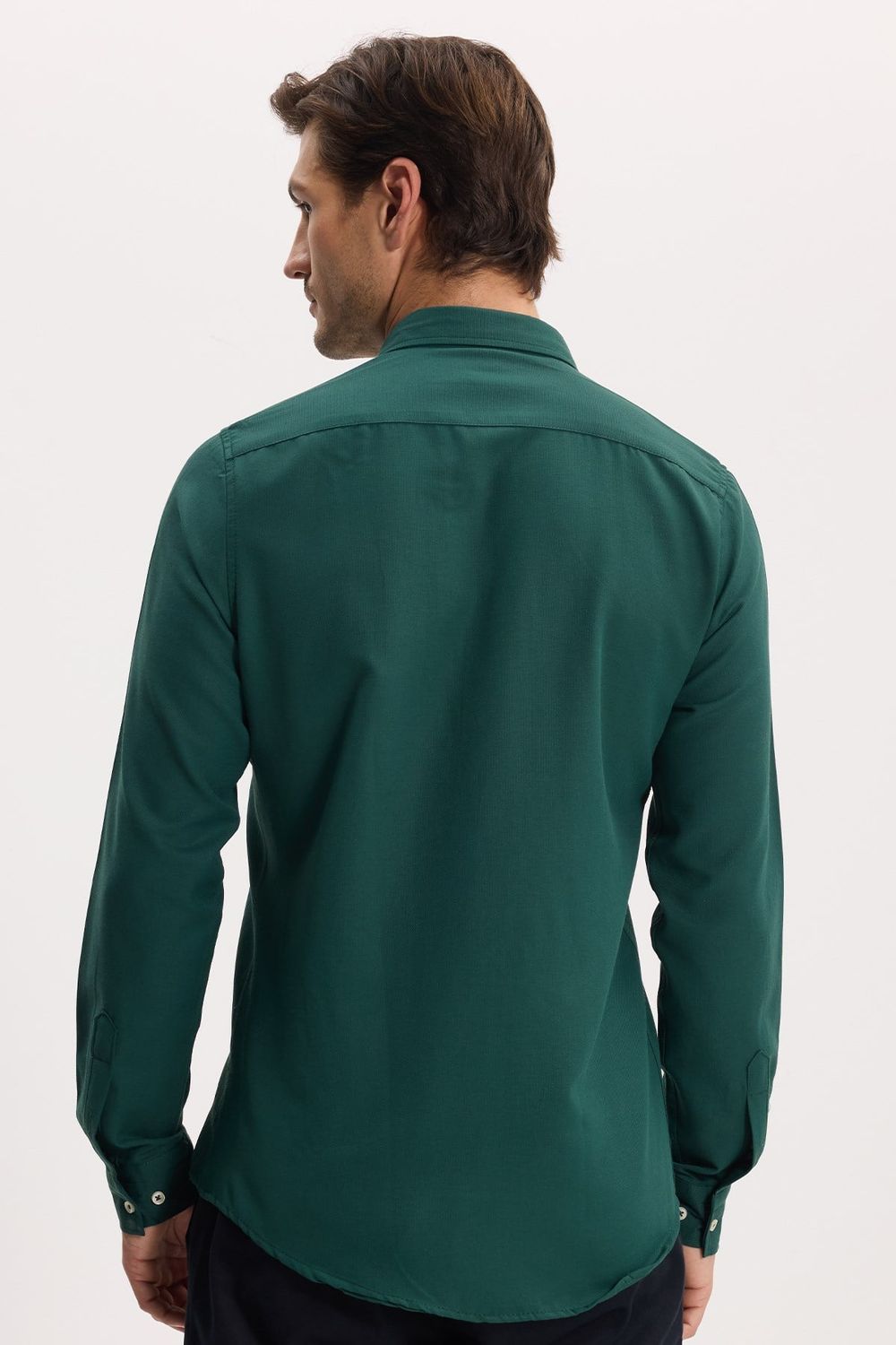 Erkek Slim Fit Dar Kesim Düz Oxford Armalı Düğmeli Yaka Haki Spor Gömlek
