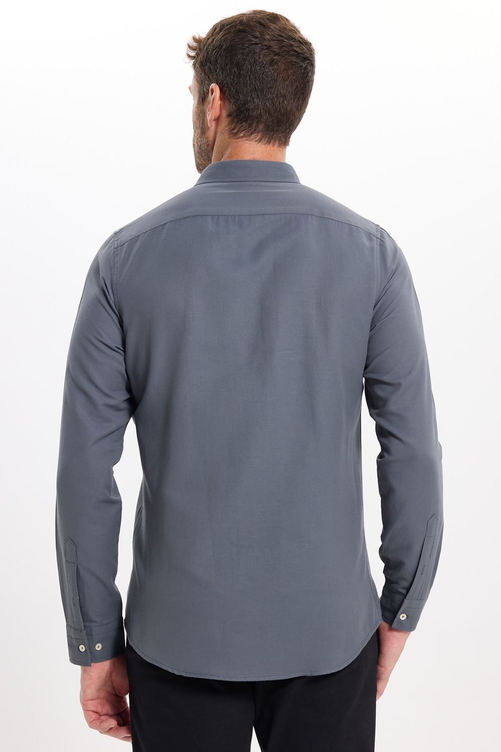 Erkek Slim Fit Dar Kesim Düz Oxford Armalı Düğmeli Yaka Antrasit Spor Gömlek
